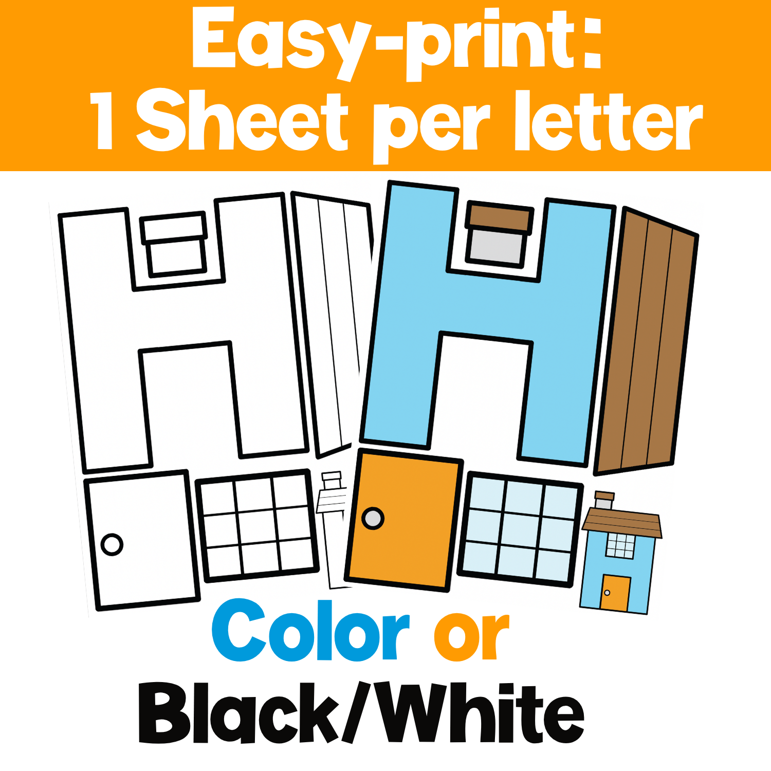 Easy-print alphabet craft worksheets featuring uppercase letter H house templates in color and black and white, with doors, windows, and roof pieces for cutting and assembling. A hands-on preschool alphabet activity for letter recognition, beginning sounds, and scissor skills.