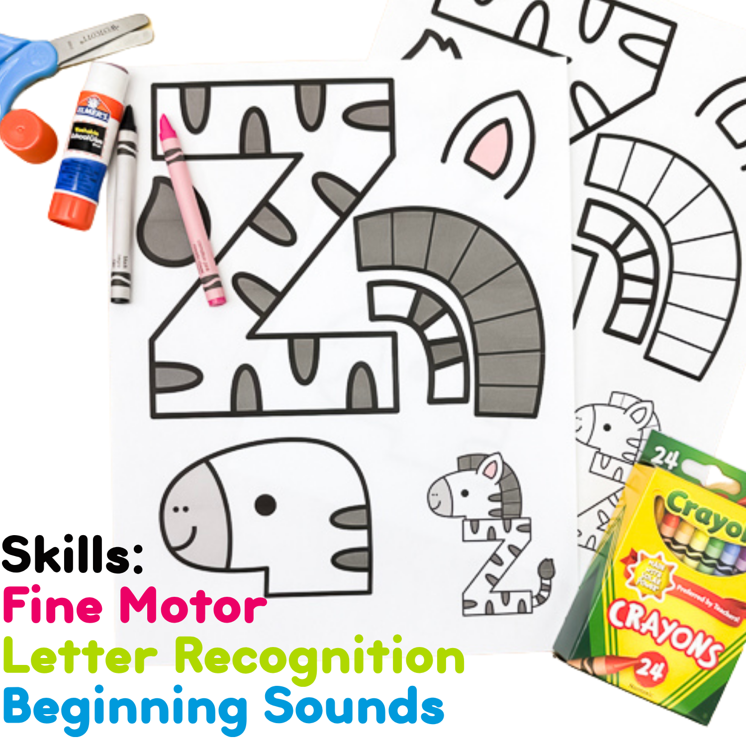 Uppercase letter Z zebra alphabet craft featuring printable cut-and-paste templates, crayons, scissors, and glue. The black-and-white zebra craft supports preschool fine motor skills, letter recognition, and beginning sound activities.