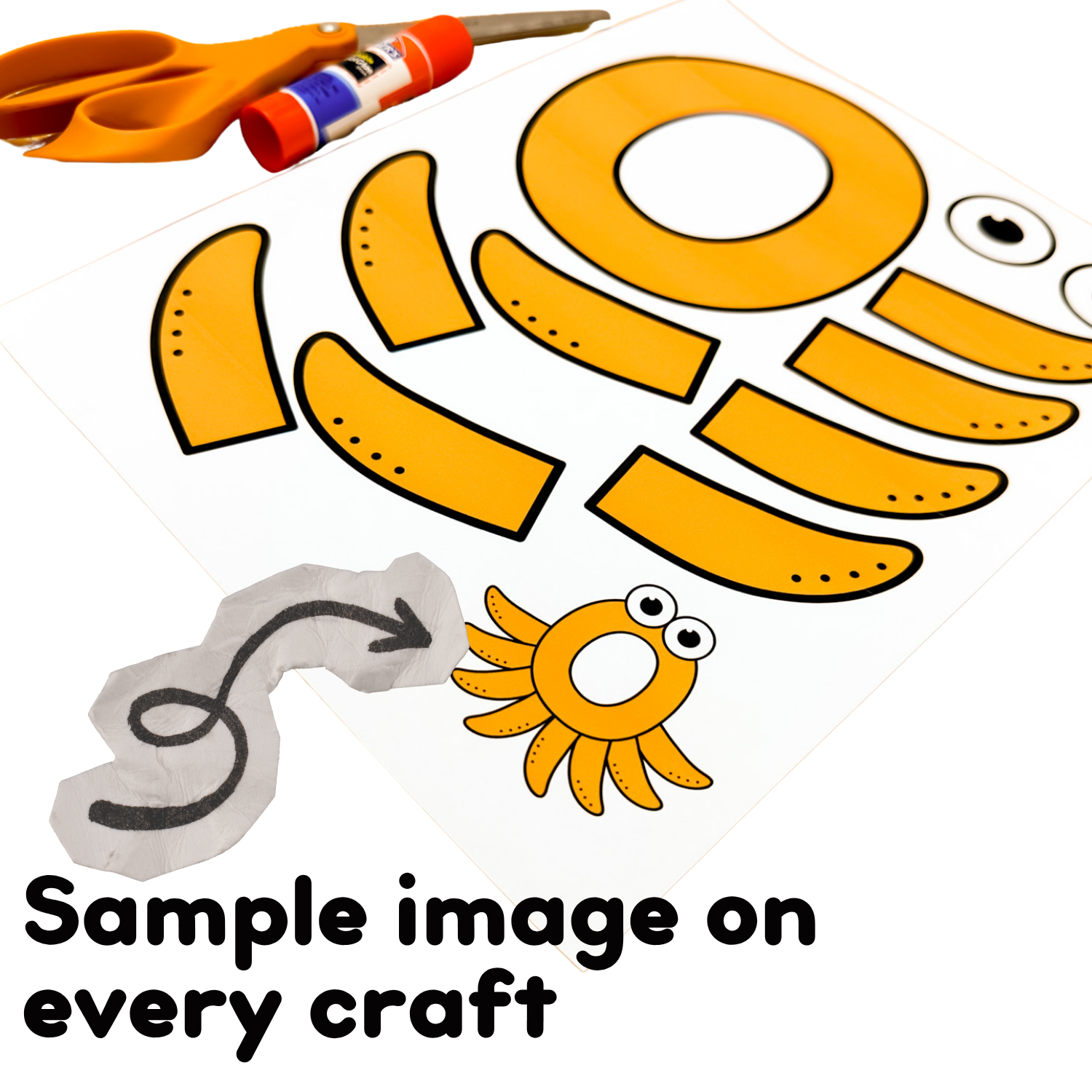 Uppercase letter O octopus alphabet craft printable featuring orange tentacles, googly eyes, scissors, and glue, with a completed octopus example. Preschool and kindergarten students practice letter recognition, beginning sounds, cutting, and assembling letter crafts.
