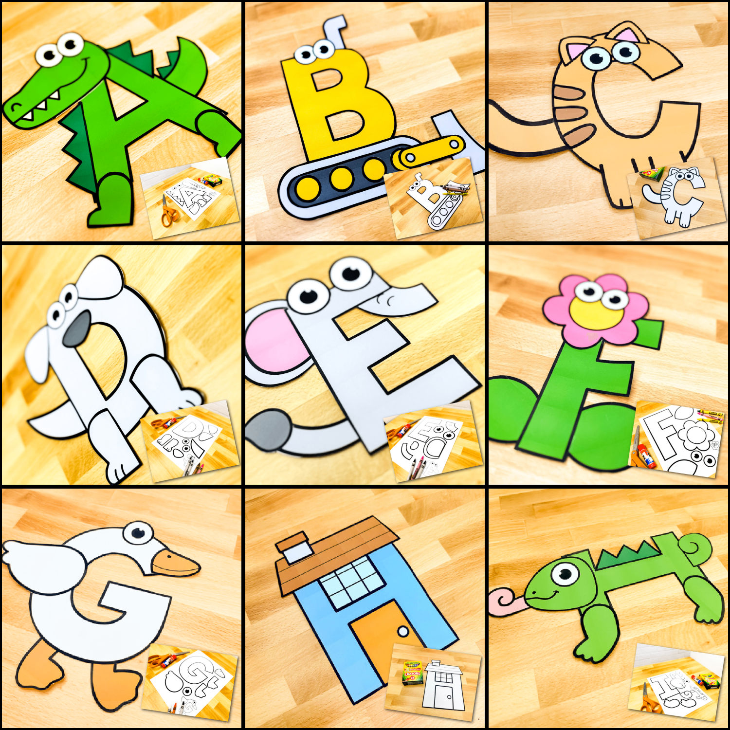 Uppercase alphabet crafts for letters A–I featuring an alligator, bulldozer, cat, dolphin, elephant, flower, goose, house, and iguana. Completed paper crafts and printable templates provide hands-on letter recognition, phonics, and fine motor activities for preschool and kindergarten.