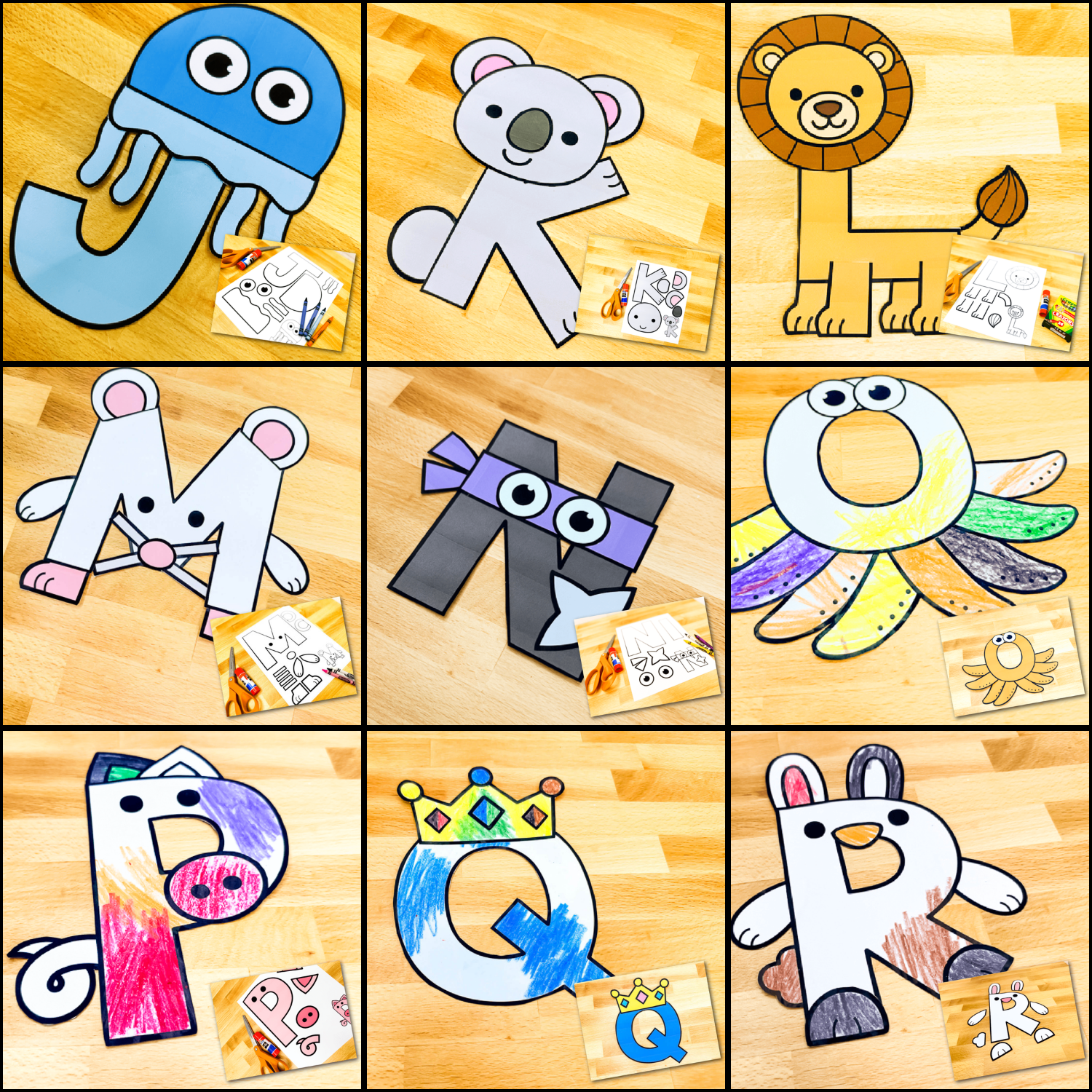 Uppercase alphabet craft activities for letters J–R featuring a jellyfish, koala, lion, mouse, ninja, octopus, pig, queen, and rabbit. Colorful completed crafts with printable cut-and-paste templates support preschool beginning sounds, alphabet recognition, and scissor skills.