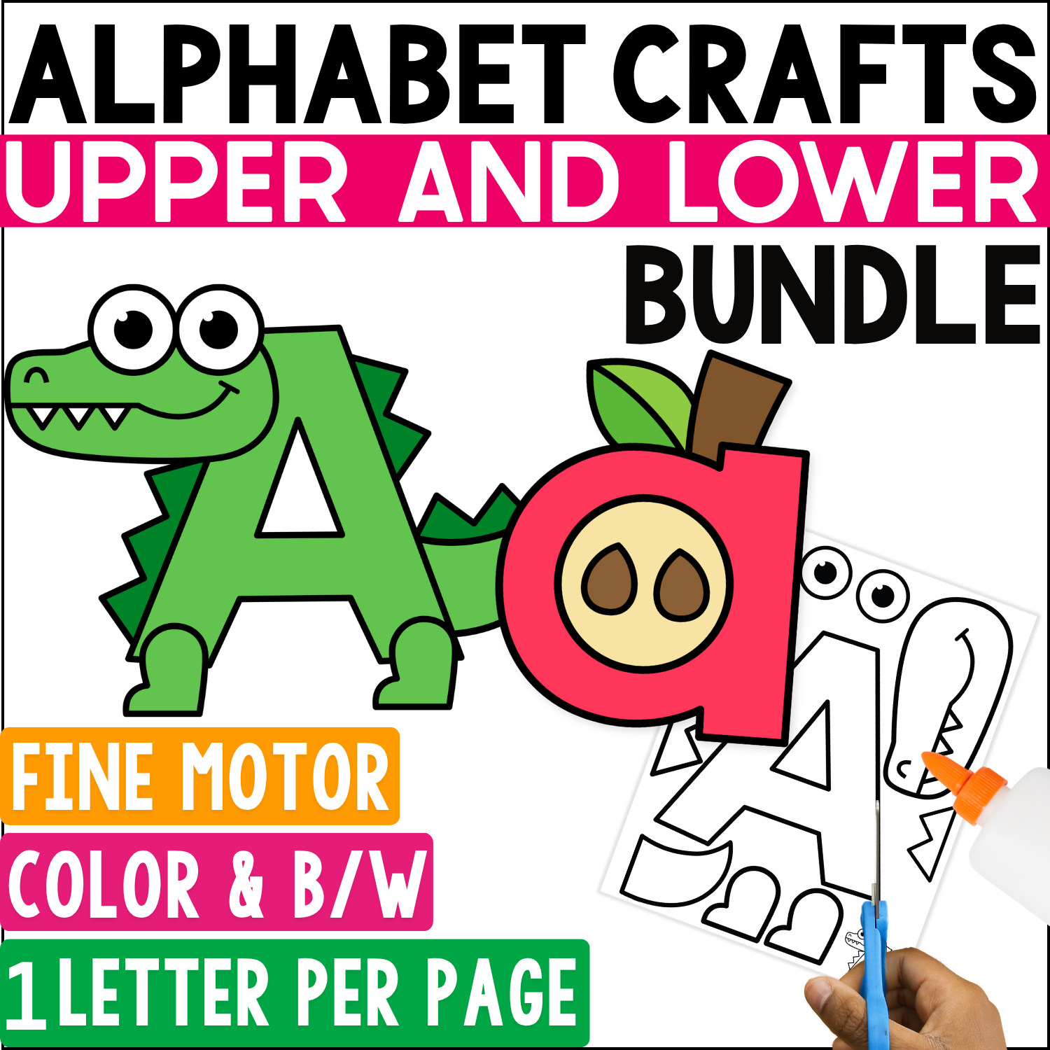 Uppercase and lowercase alphabet crafts bundle featuring a green letter A alligator and pink lowercase letter a apple, with printable cut-and-paste templates. Hands-on preschool alphabet activities for uppercase and lowercase letter recognition, beginning sounds, and fine motor skills.