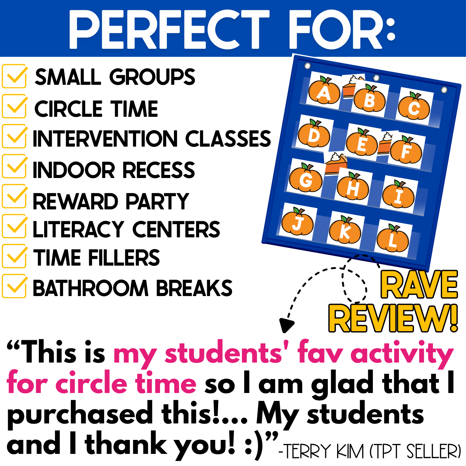 Fall pumpkin alphabet pocket chart game featuring orange pumpkin letter cards A–L, hidden pumpkin pie pictures, and a five-star teacher testimonial recommending the printable activity for preschool circle time, literacy centers, and small groups.