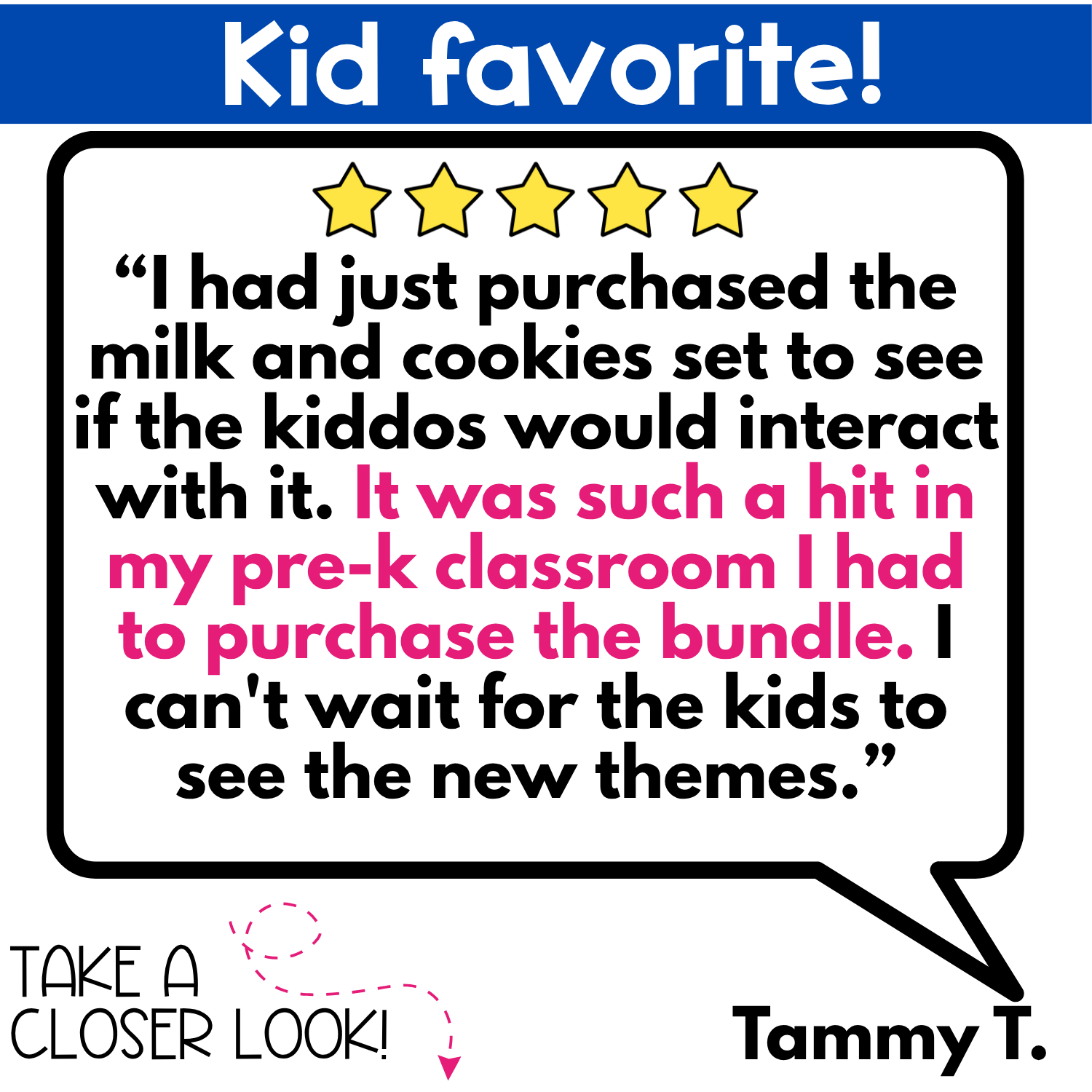 Five-star teacher review graphic featuring Tammy T.'s testimonial about the alphabet hide and seek pocket chart activity being a favorite during preschool circle time, with colorful pink highlighted text and yellow stars.