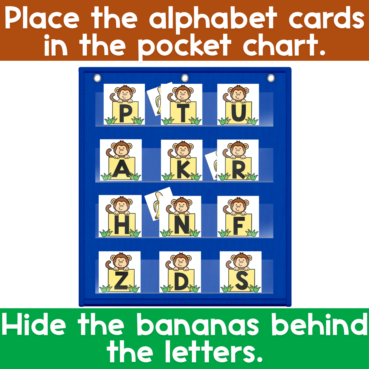 Alphabet Hide & Seek Pocket Chart Cards | Monkey & Banana Theme