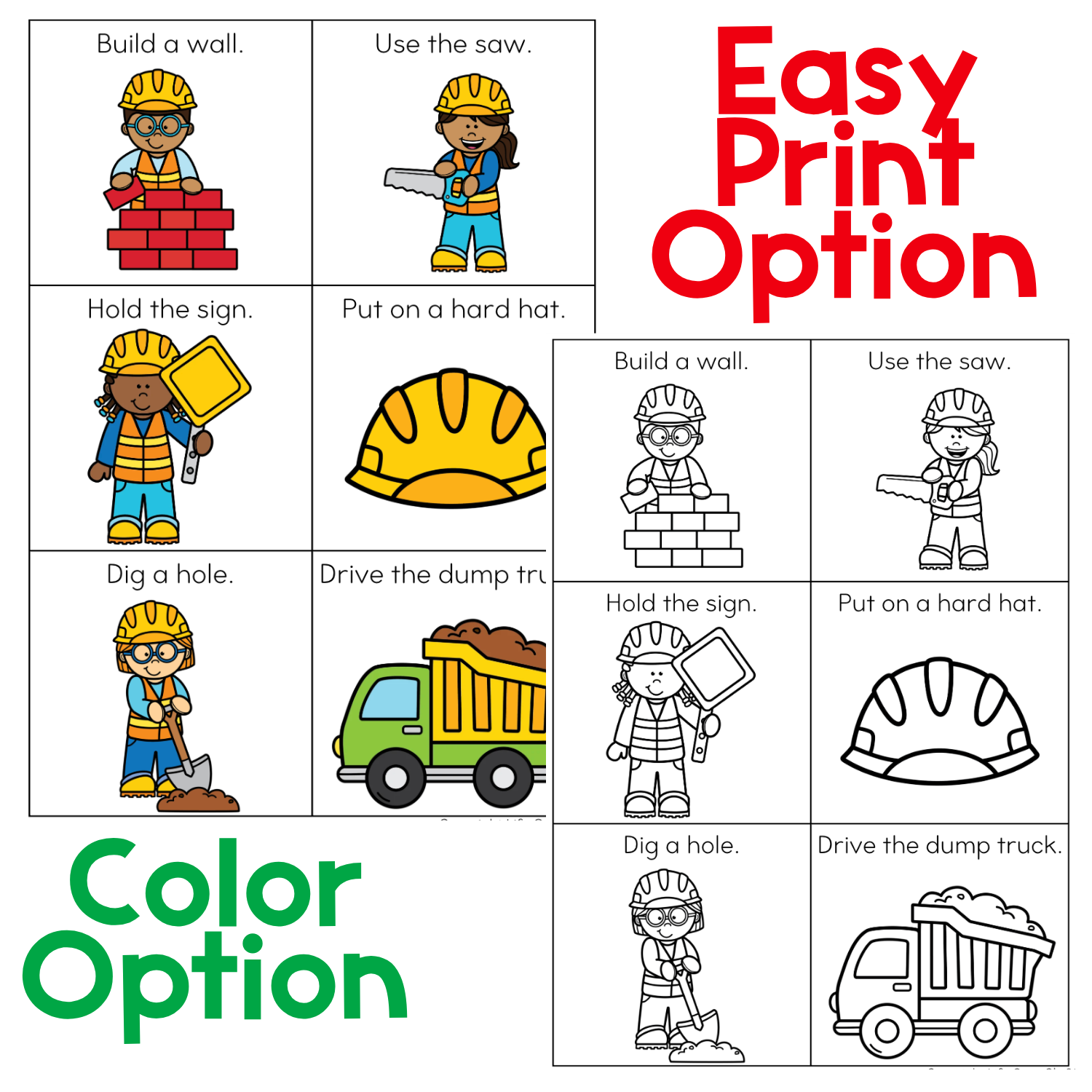 Printable construction gross motor brain break action cards shown in both full-color and easy-print black-and-white formats. Six construction movement prompts invite kids to build a wall, use a saw, hold a construction sign, put on a hard hat, dig a hole, and drive a dump truck for active preschool or kindergarten brain breaks.