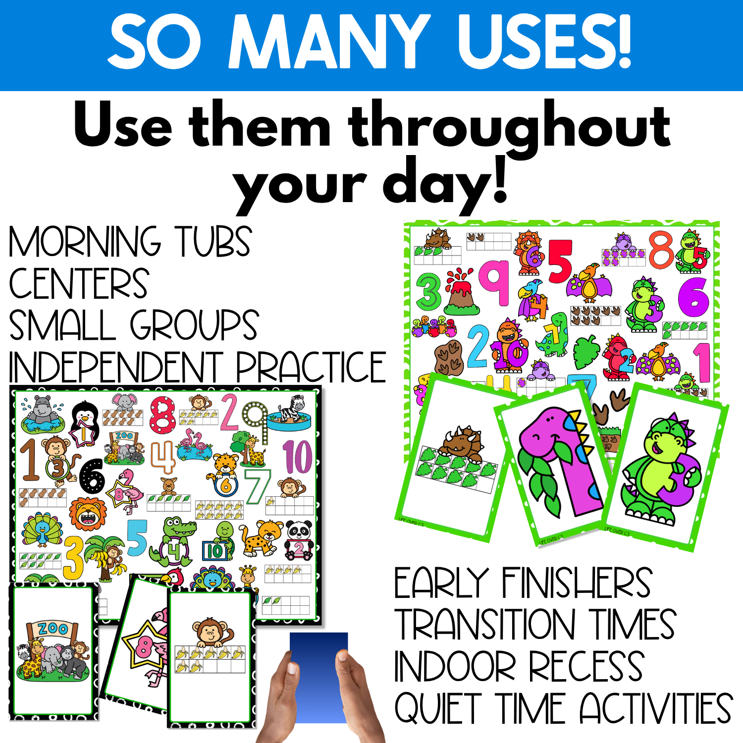 Classroom use graphic for printable I Spy games showing a zoo number board, dinosaur counting board, and matching picture cards beside ideas for morning tubs, centers, small groups, independent practice, early finishers, transition times, indoor recess, and quiet activities.