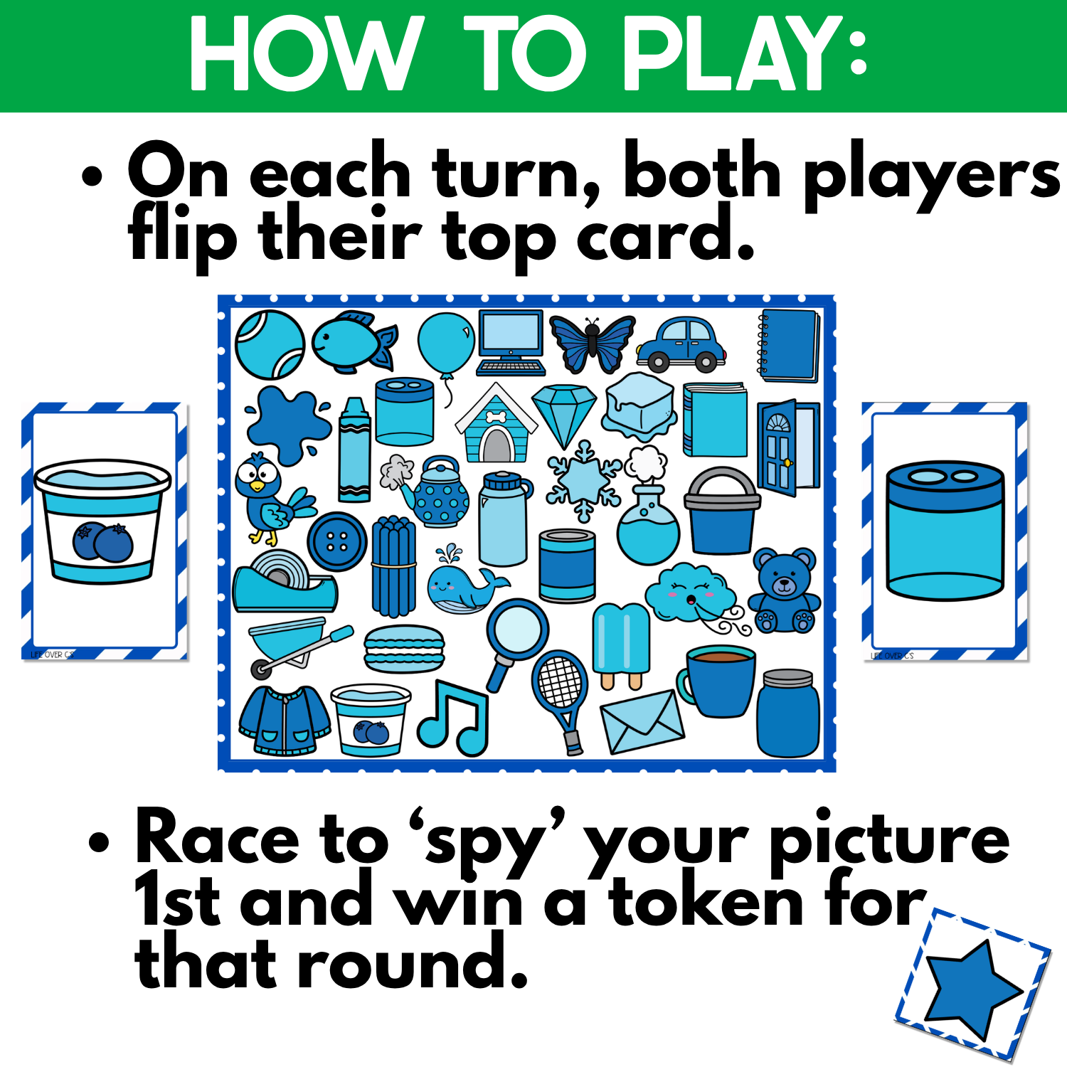 I Spy game directions featuring a blue objects search board filled with a fish, balloon, laptop, butterfly, car, notebook, snowflake, teddy bear, blue foods, school supplies, and household objects, with matching picture cards and a star token for fast visual matching play.