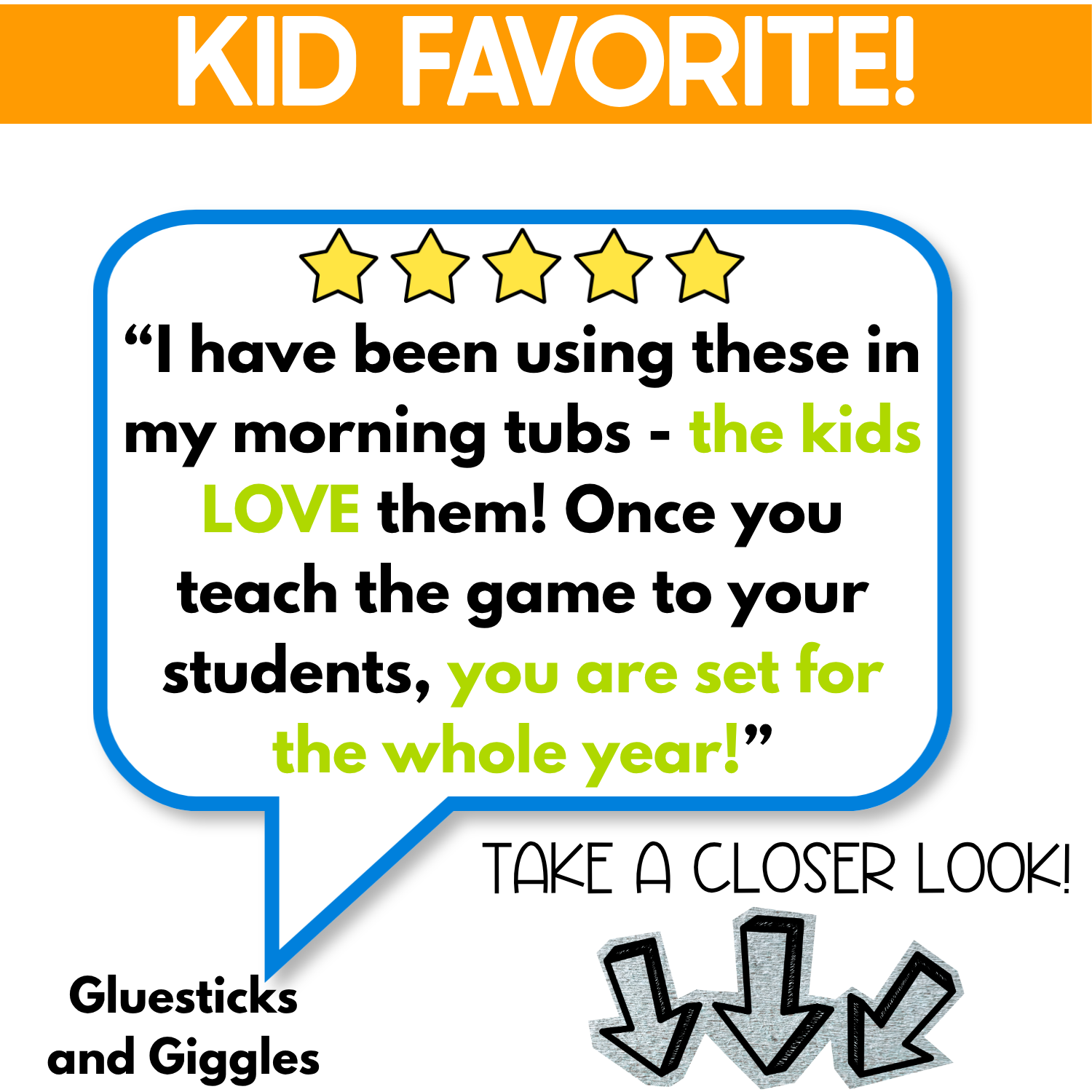 Five-star teacher review graphic for the I Spy game bundle with a large speech bubble sharing how students use the printable games in morning tubs and can keep playing new themed versions after learning the game once.