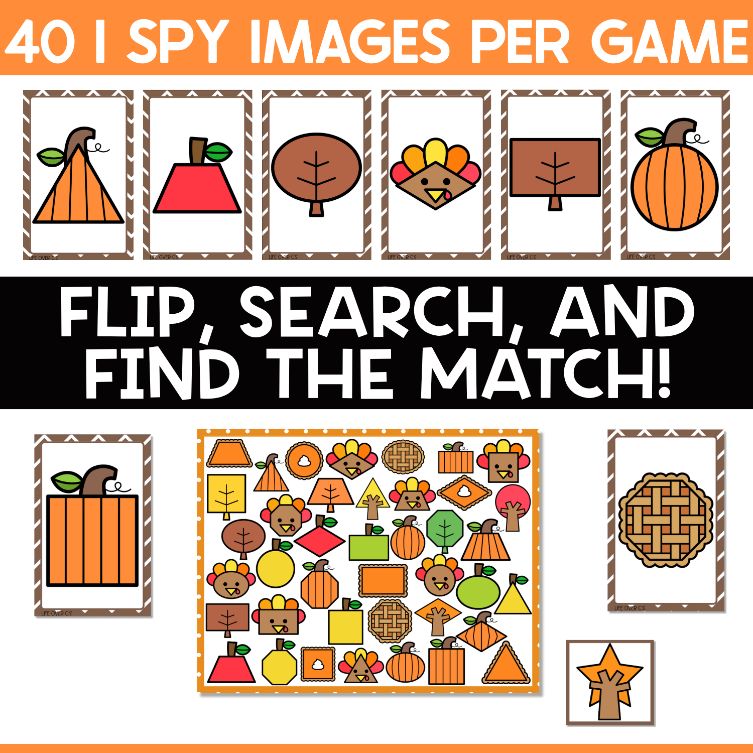 Fall I Spy game preview showing 40 matching picture cards with pumpkins, turkeys, autumn trees, leaves, pies, and geometric fall shapes above a crowded seasonal search board for visual discrimination, matching, and Thanksgiving or fall centers.