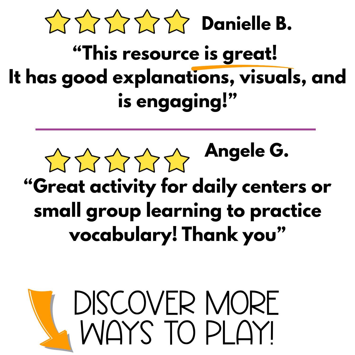 Two five-star teacher testimonials for the printable I Spy game bundle highlighting engaging visuals, clear directions, vocabulary practice, daily centers, and small group learning, with “Discover More Ways to Play!” callout at the bottom.