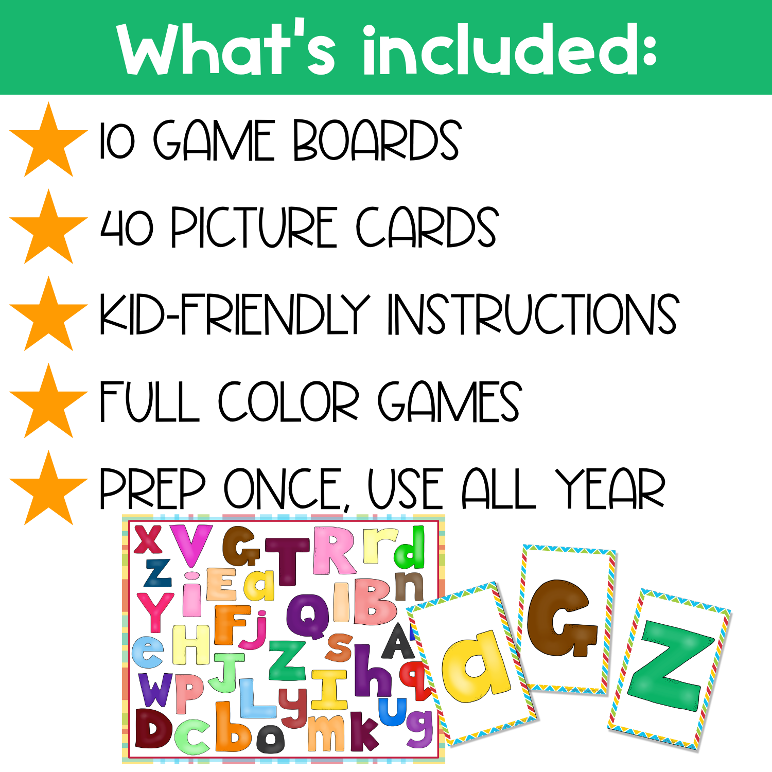 What’s included in the Alphabet I Spy game: 10 full-color alphabet game boards, 40 letter picture cards, kid-friendly game instructions, and reusable activities for preschool, pre-k, and kindergarten letter recognition, visual discrimination, and literacy centers.