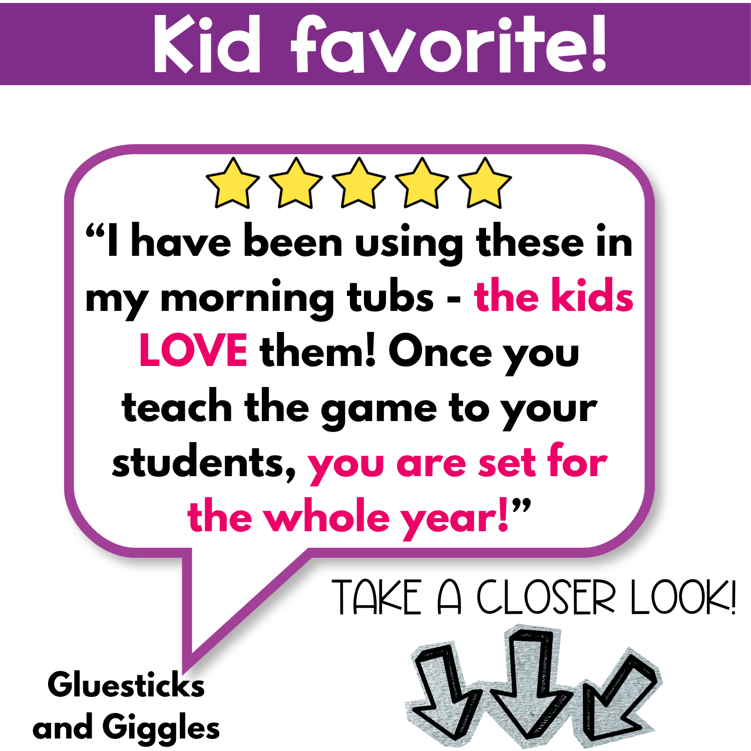 Five-star teacher review for the Alphabet I Spy game highlighting its use in morning tubs and year-round classroom learning, with colorful alphabet activities designed to keep preschool and kindergarten students engaged.