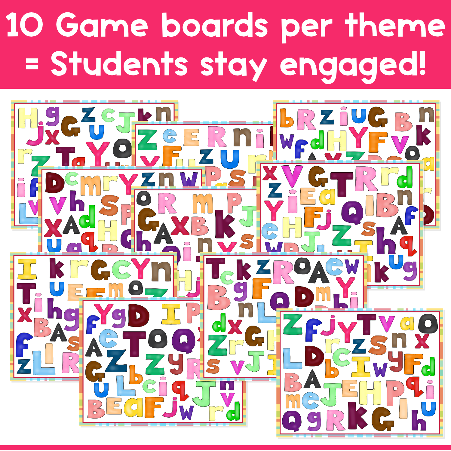 Ten colorful Alphabet I Spy game boards filled with mixed uppercase and lowercase letters, giving preschool and kindergarten students repeated opportunities to search, scan, match letters, and strengthen visual discrimination during literacy centers and small groups.
