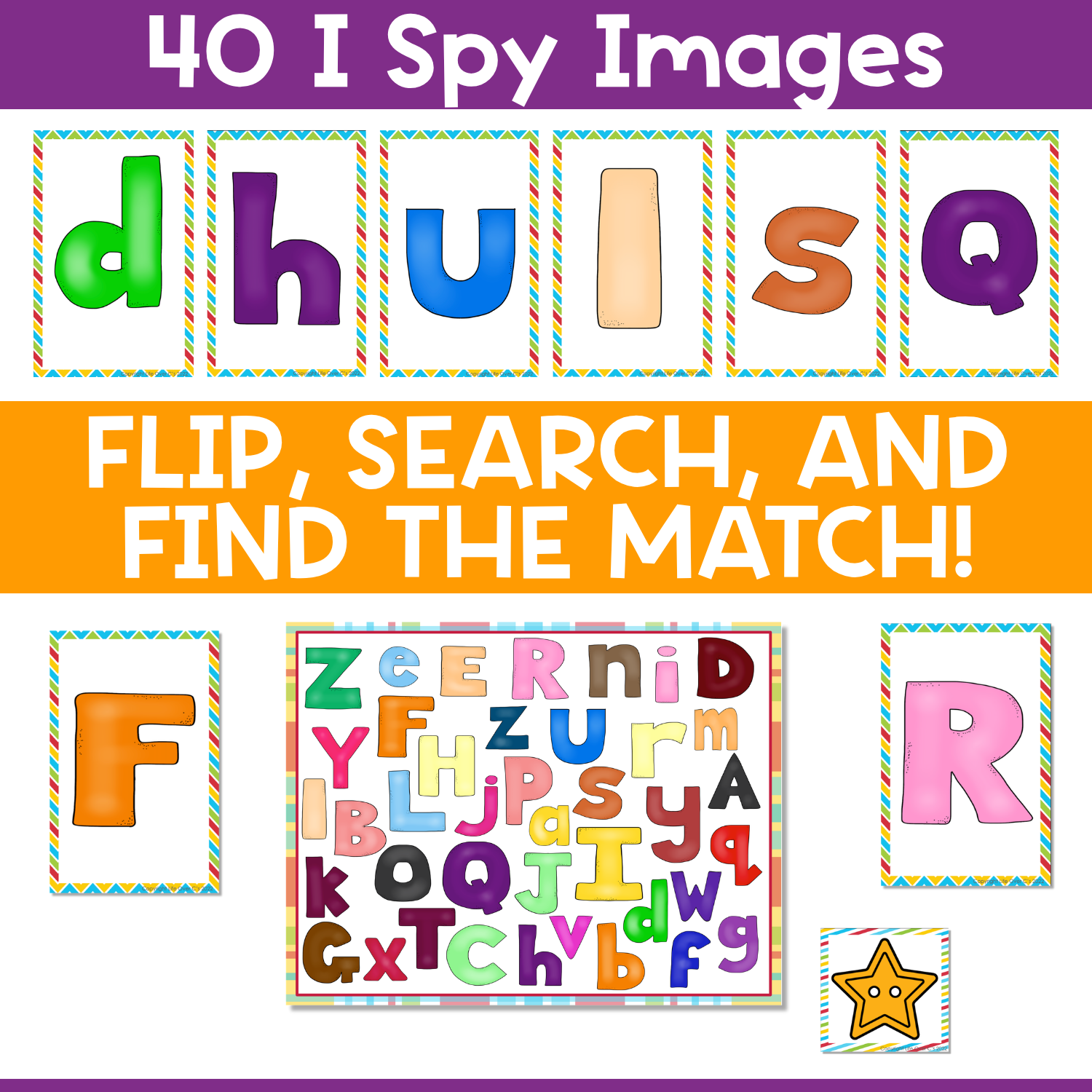 Forty colorful Alphabet I Spy letter cards paired with a mixed uppercase and lowercase alphabet game board for a flip, search, and find-the-match literacy game that supports letter recognition, visual scanning, and preschool or kindergarten learning.