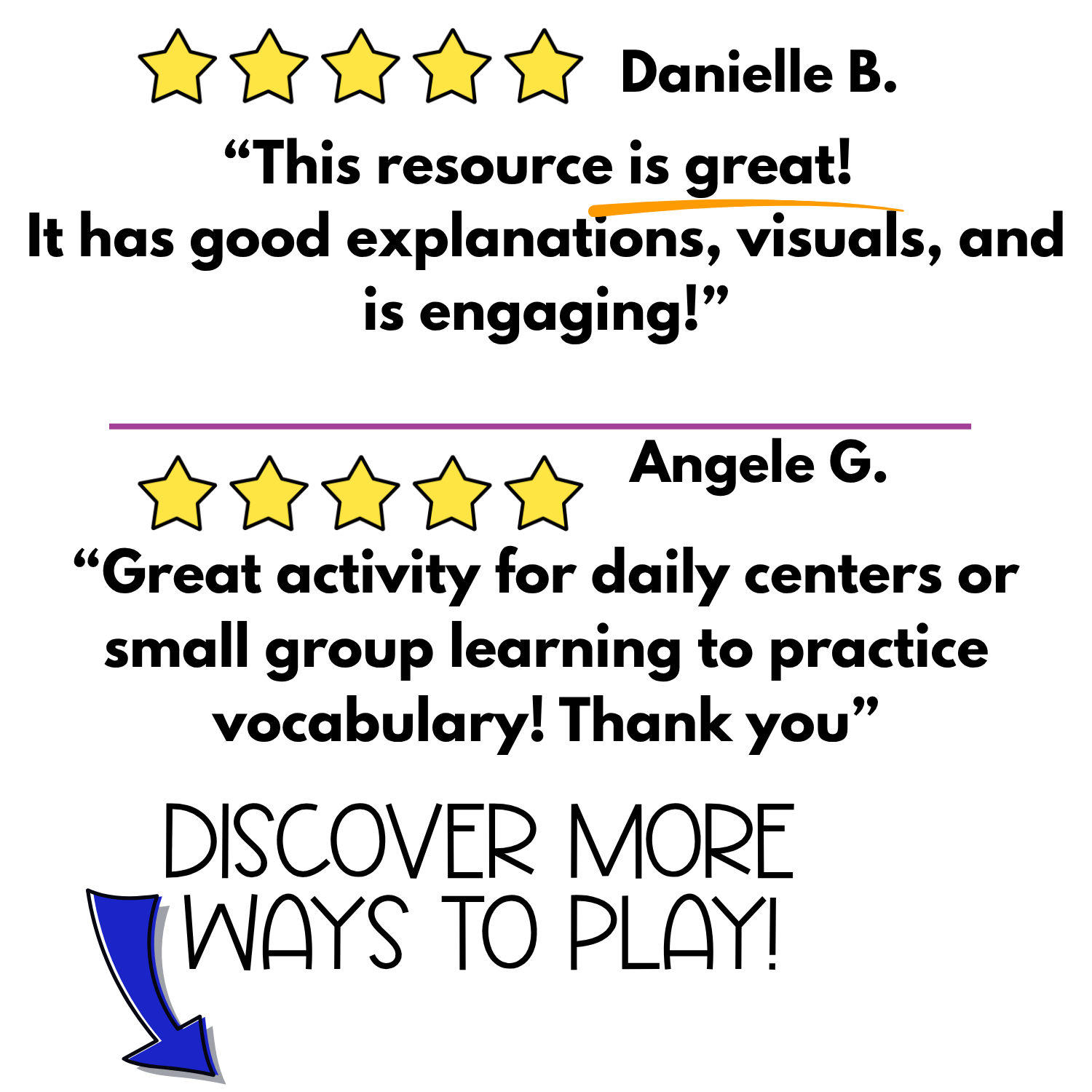 Five-star teacher reviews for the Alphabet I Spy game describing the resource as engaging, visually clear, and useful for daily literacy centers, small-group learning, and vocabulary practice with preschool and kindergarten students.