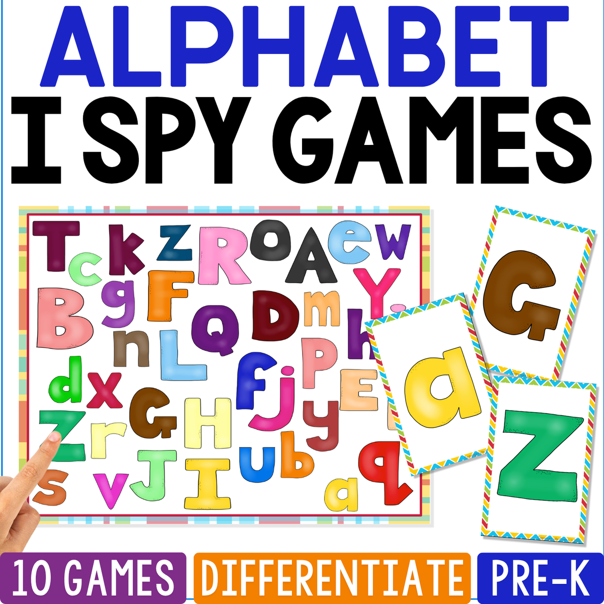 Alphabet I Spy Games printable featuring a colorful uppercase and lowercase letter search board with individual letter cards, 10 game boards, differentiation options, and hands-on pre-k literacy practice for letter recognition and visual discrimination.