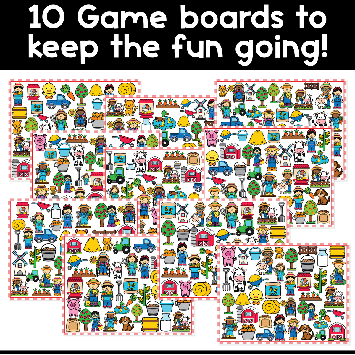 Farm-themed I Spy Flip board game preview showing 10 colorful game boards filled with farmers, cows, pigs, barns, tractors, corn, apple trees, hay, wheelbarrows, chicks, garden vegetables, and other farm pictures. The varied farm I Spy boards give children repeated opportunities to search, scan, compare pictures, and practice visual discrimination while keeping each round of the farm vocabulary game different.