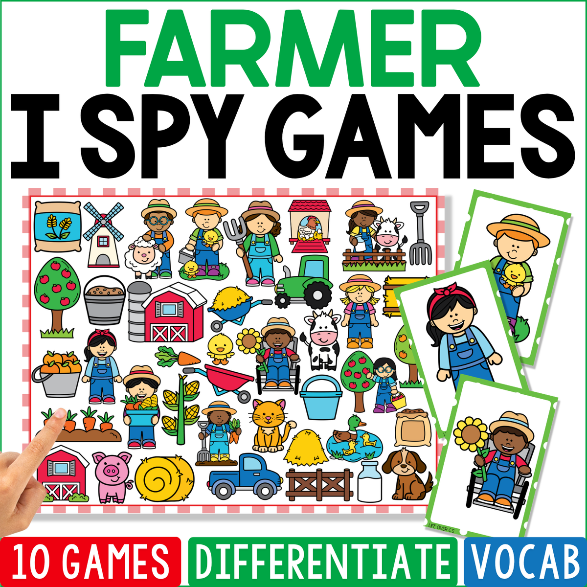 Farmer I Spy Games cover shows farm workers among barns, tractors, pigs, cows, chickens, sheep, crops, hay, buckets, fences, apples, vegetables, and farm tools, with farmer character cards highlighting community helper vocabulary.