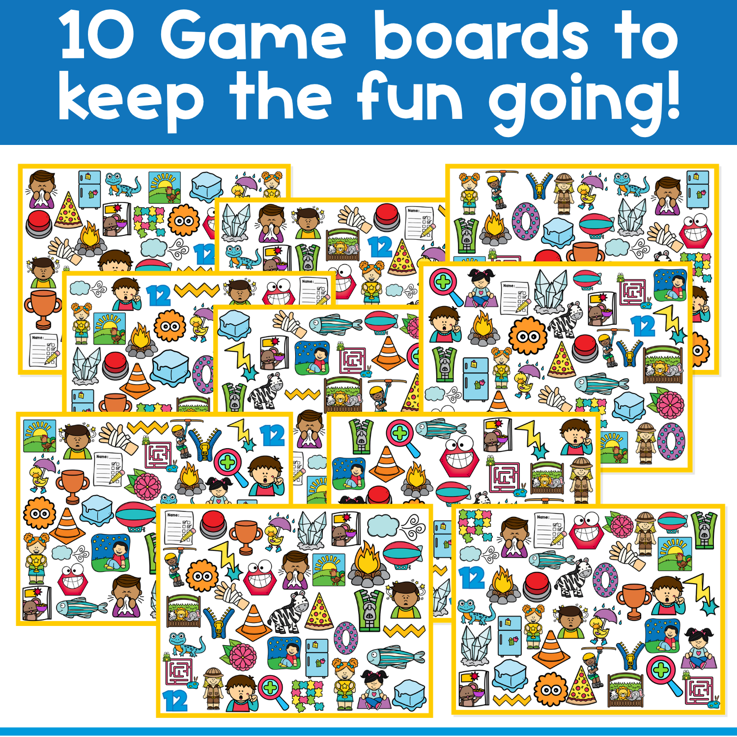 Letter Z I Spy preview shows 10 phonics game boards filled with Z word pictures like a zebra, zipper, zigzag, pizza and zeppelin for letter-sound practice.