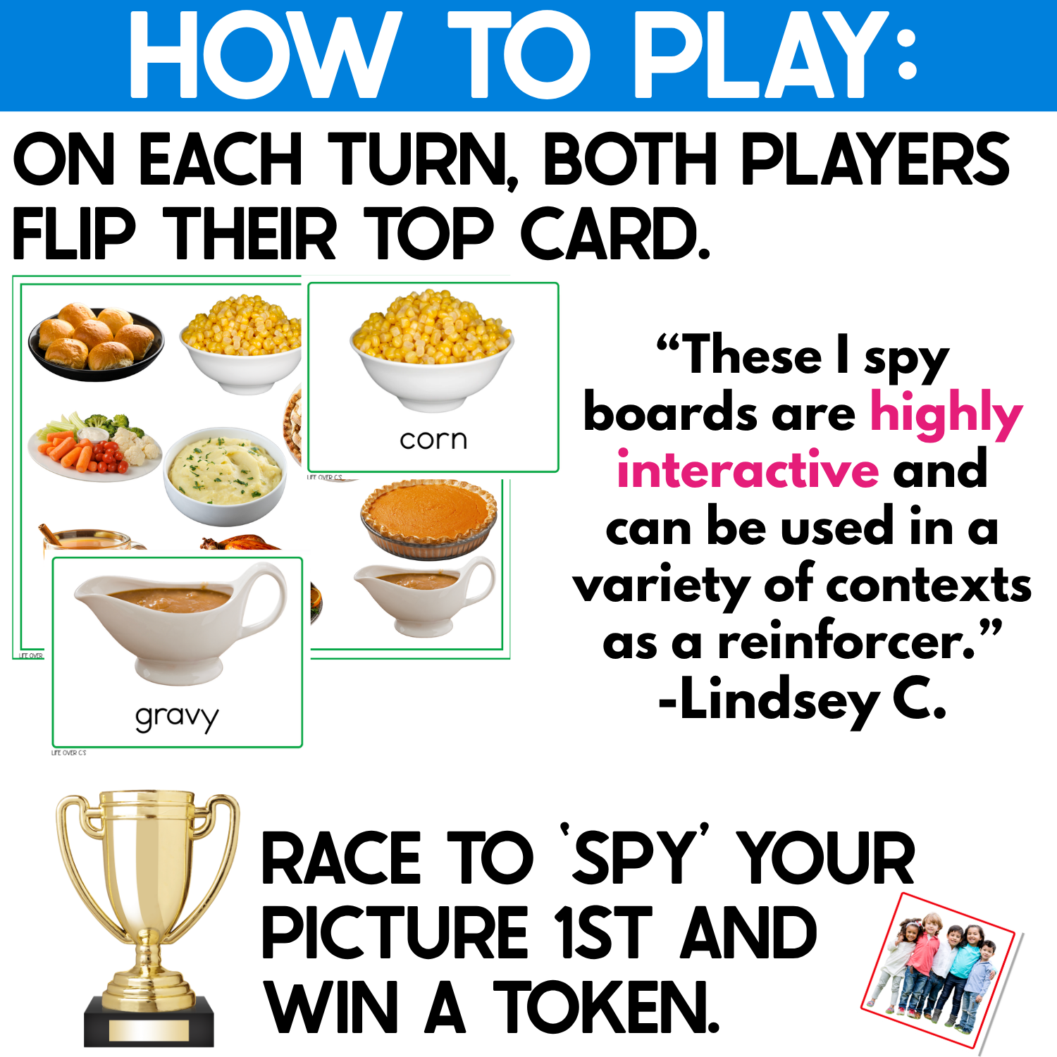 Thanksgiving I Spy Junior gameplay example showing both players flipping their top picture card on each turn. Real-photo vocabulary cards include rolls, corn, vegetable tray, mashed potatoes, and gravy, while the directions challenge players to search the Thanksgiving game board, spot their matching picture first, and win a token.