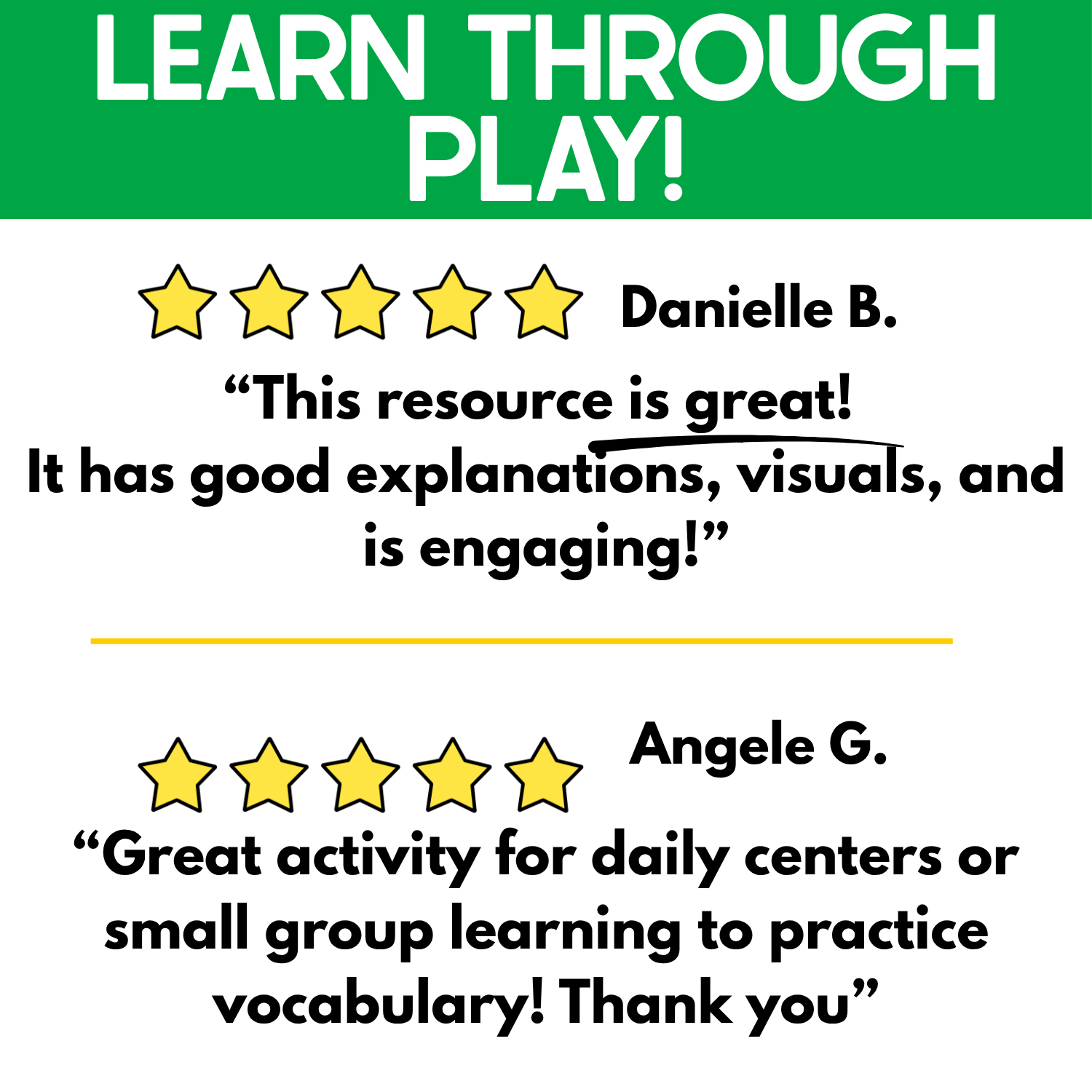 Learn Through Play review graphic for the I Spy Junior game featuring two five-star teacher comments praising the clear explanations, helpful visuals, engaging format, daily center use, small-group learning, and vocabulary practice. The Thanksgiving I Spy activity is presented as a hands-on option for preschool language and visual discrimination practice.