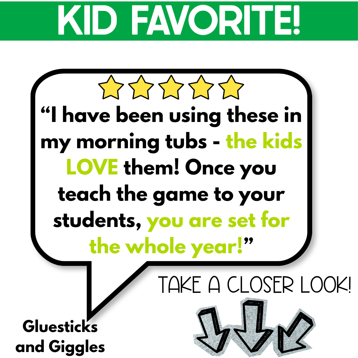 Kid Favorite review graphic for the I Spy Junior game series featuring a five-star teacher comment about using the games in morning tubs and students learning the game for independent use throughout the year. A “Take a Closer Look” prompt with three arrows points toward the Thanksgiving preschool game details.