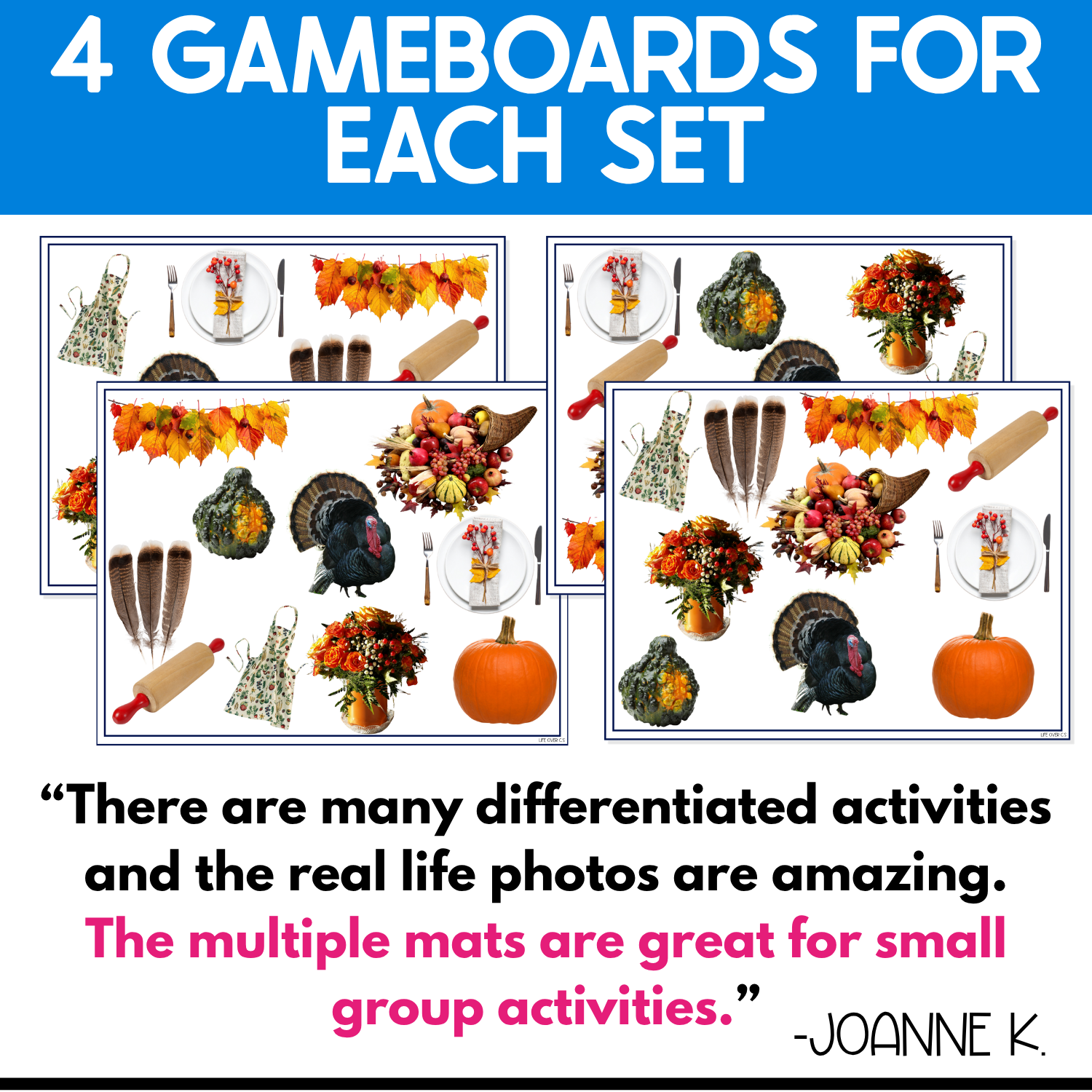Four Thanksgiving I Spy Junior game boards displayed with real photos of holiday and fall objects, including turkeys, pumpkins, flowers, napkins, autumn leaves, serving utensils, table settings, and seasonal decorations. A teacher review highlights the differentiated activities, real-life photos, and usefulness for small-group learning.