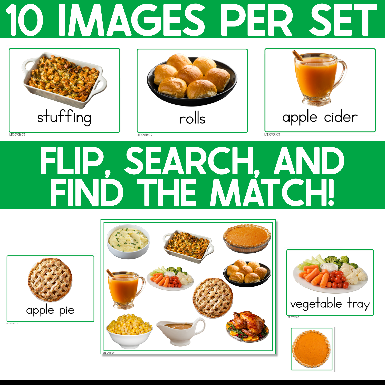 Thanksgiving I Spy Junior game preview showing 10 real-photo images per set, with vocabulary cards for stuffing, rolls, and apple cider. Below, the “Flip, Search, and Find the Match” example displays a game board filled with Thanksgiving foods such as mashed potatoes, pumpkin pie, turkey, corn, gravy, apple pie, rolls, stuffing, cider, and a vegetable tray, alongside matching picture cards.
