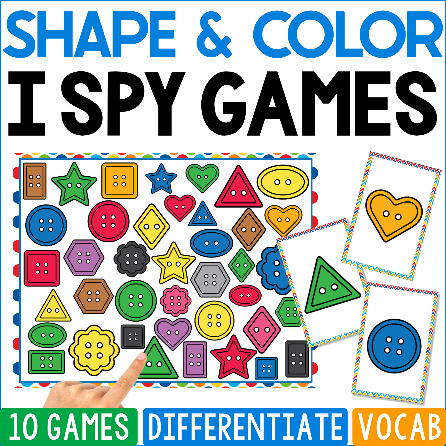 Shape and color I Spy board shows colorful shape buttons, including stars, hearts, triangles and ovals, with matching button cards for preschool shape and color recognition.
