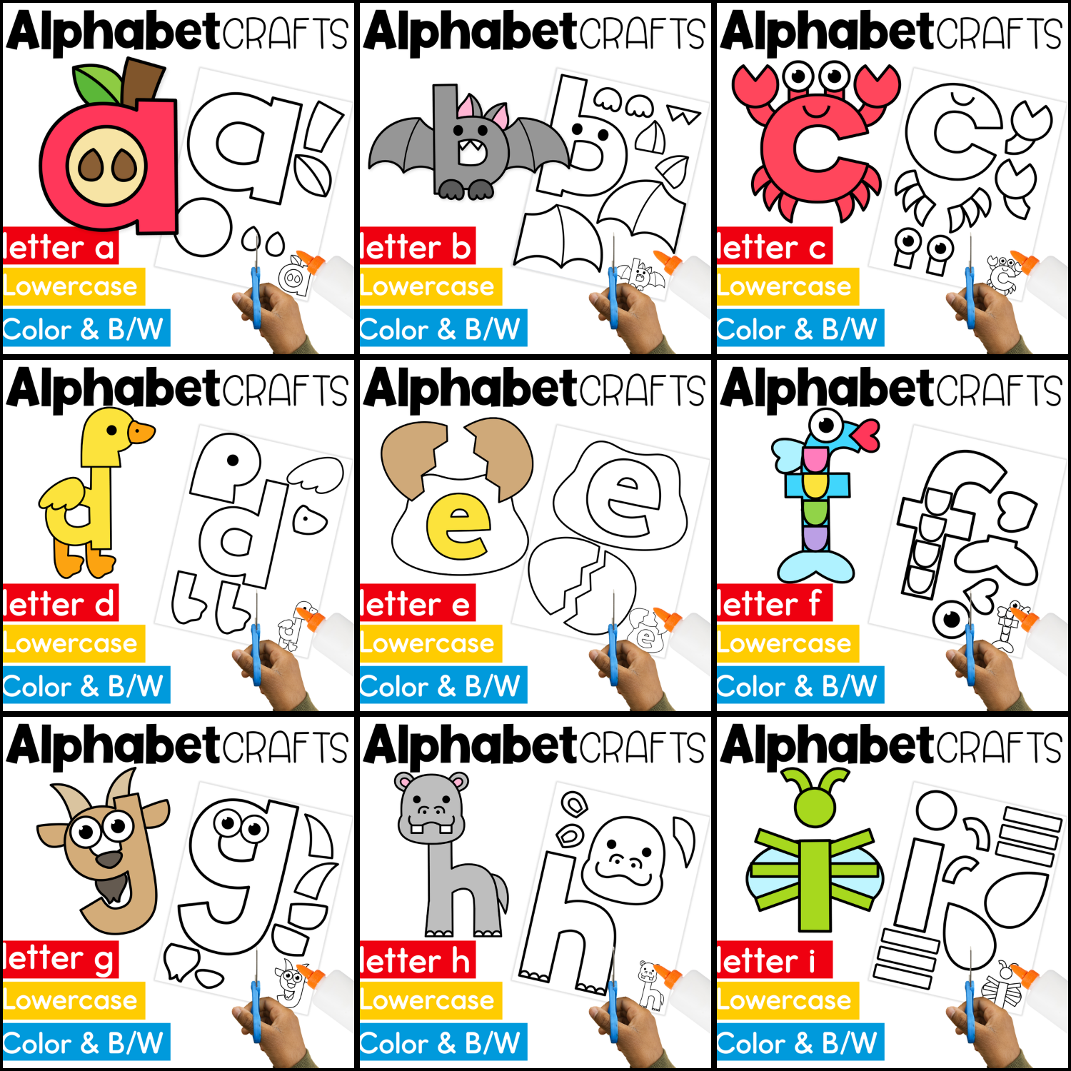 Lowercase alphabet crafts for preschool and kindergarten featuring letters a through i with apple, bat, crab, duck, egg, fish, goat, hippo, and insect crafts for fine motor skills, cutting practice, letter recognition, and beginning sounds.
