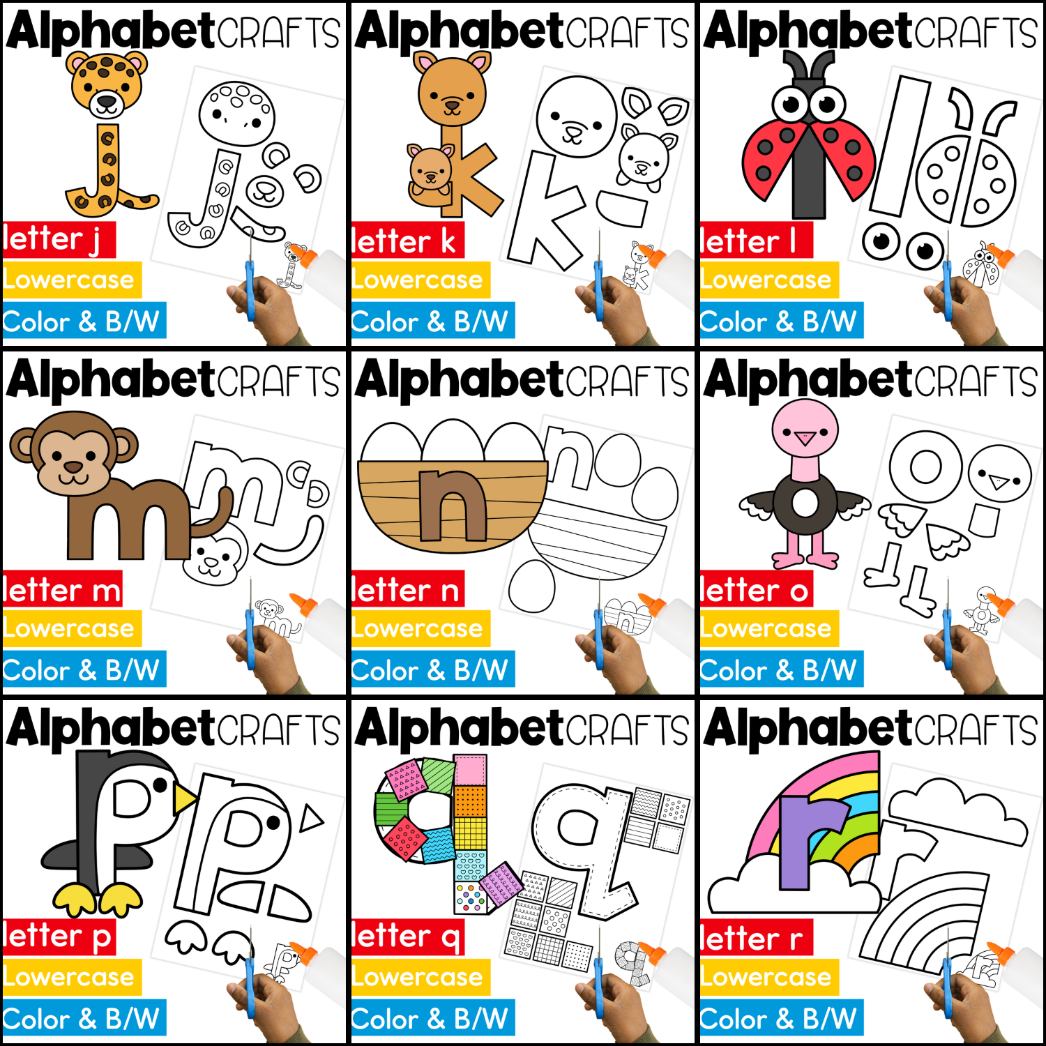 Lowercase alphabet crafts for preschool and kindergarten featuring letters j through r with animal and object crafts, plus black-and-white cut-and-paste templates for fine motor skills, scissor practice, letter recognition, and beginning sounds.