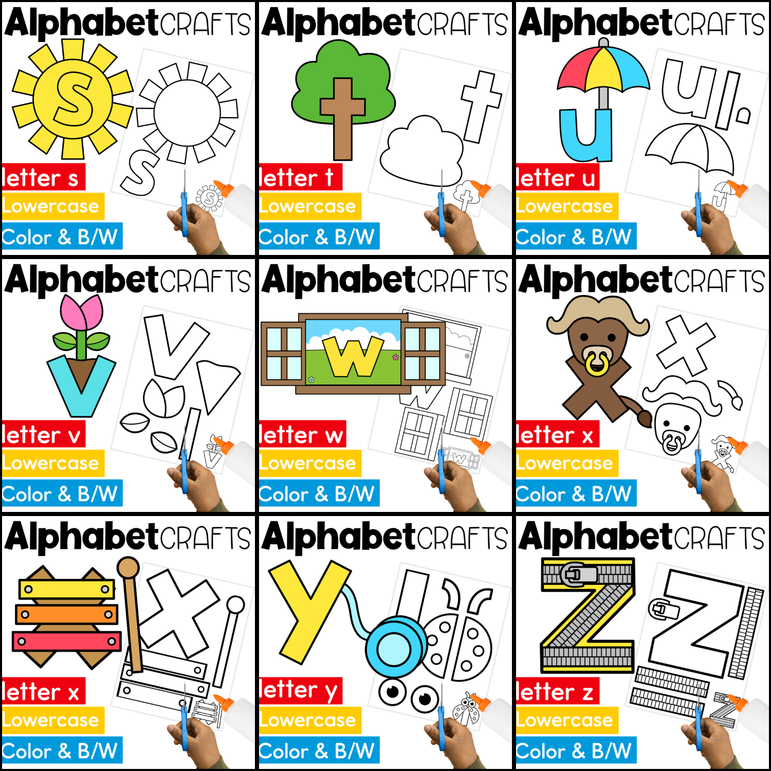 Preschool lowercase alphabet crafts for letters s through z featuring sun, tree, umbrella, flower, window, bull, xylophone, yo-yo, and zipper crafts for fine motor practice, letter recognition, and beginning sounds.