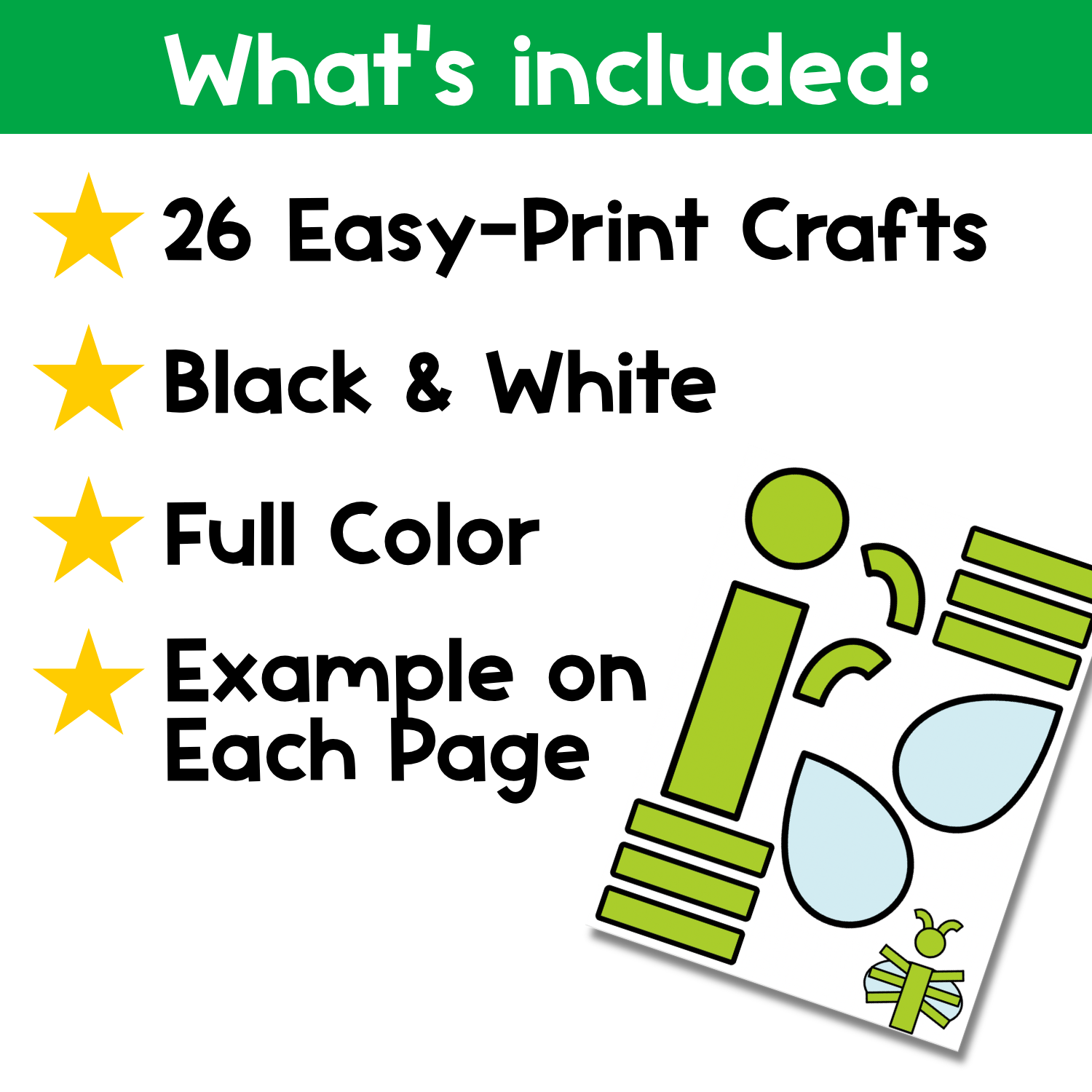 Lowercase alphabet craft bundle for preschool and kindergarten with 26 easy-print letter crafts in full color and black and white for fine motor skills, scissor practice, letter recognition, and beginning sounds.