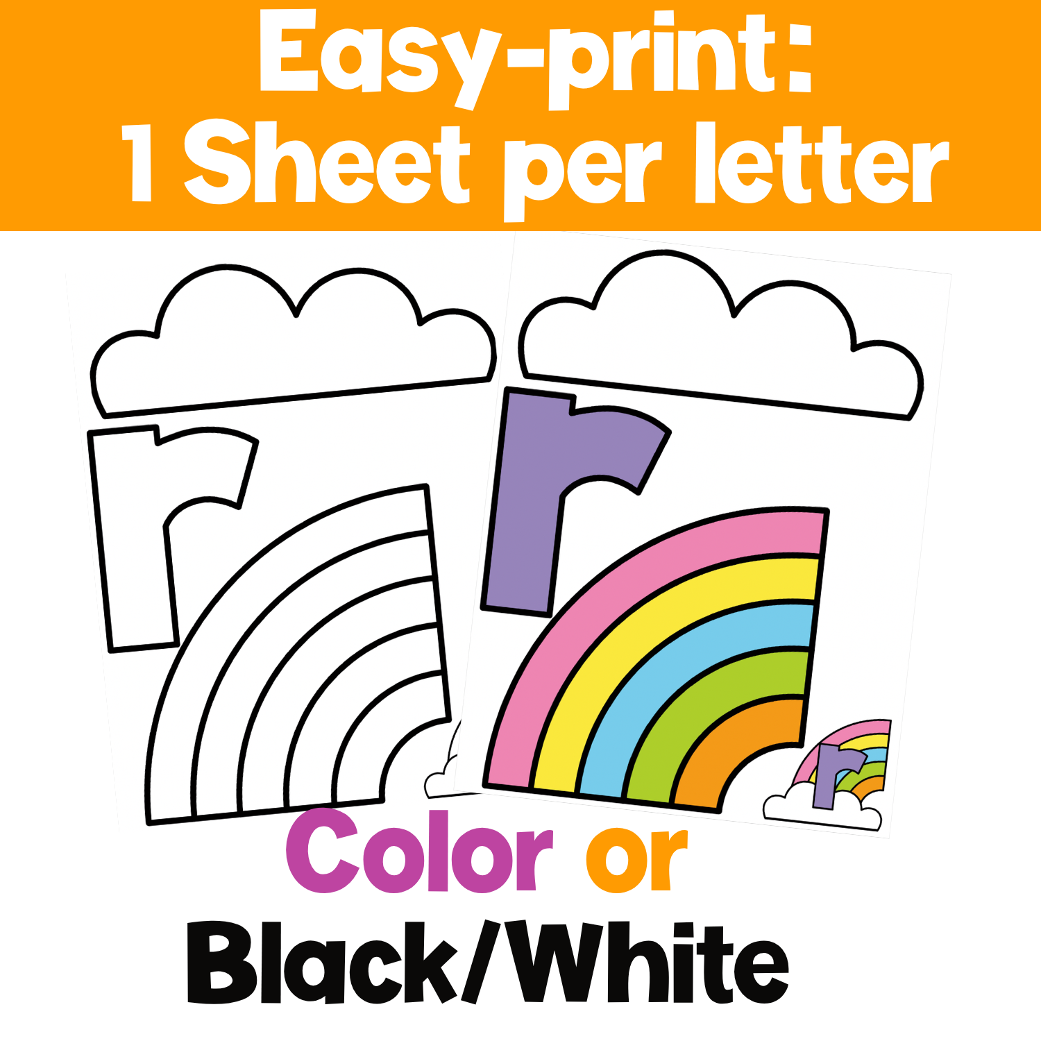 Preschool lowercase letter r rainbow craft with full-color and black-and-white printable pieces for letter recognition, beginning sounds, cutting practice, scissor skills, and fine motor development.