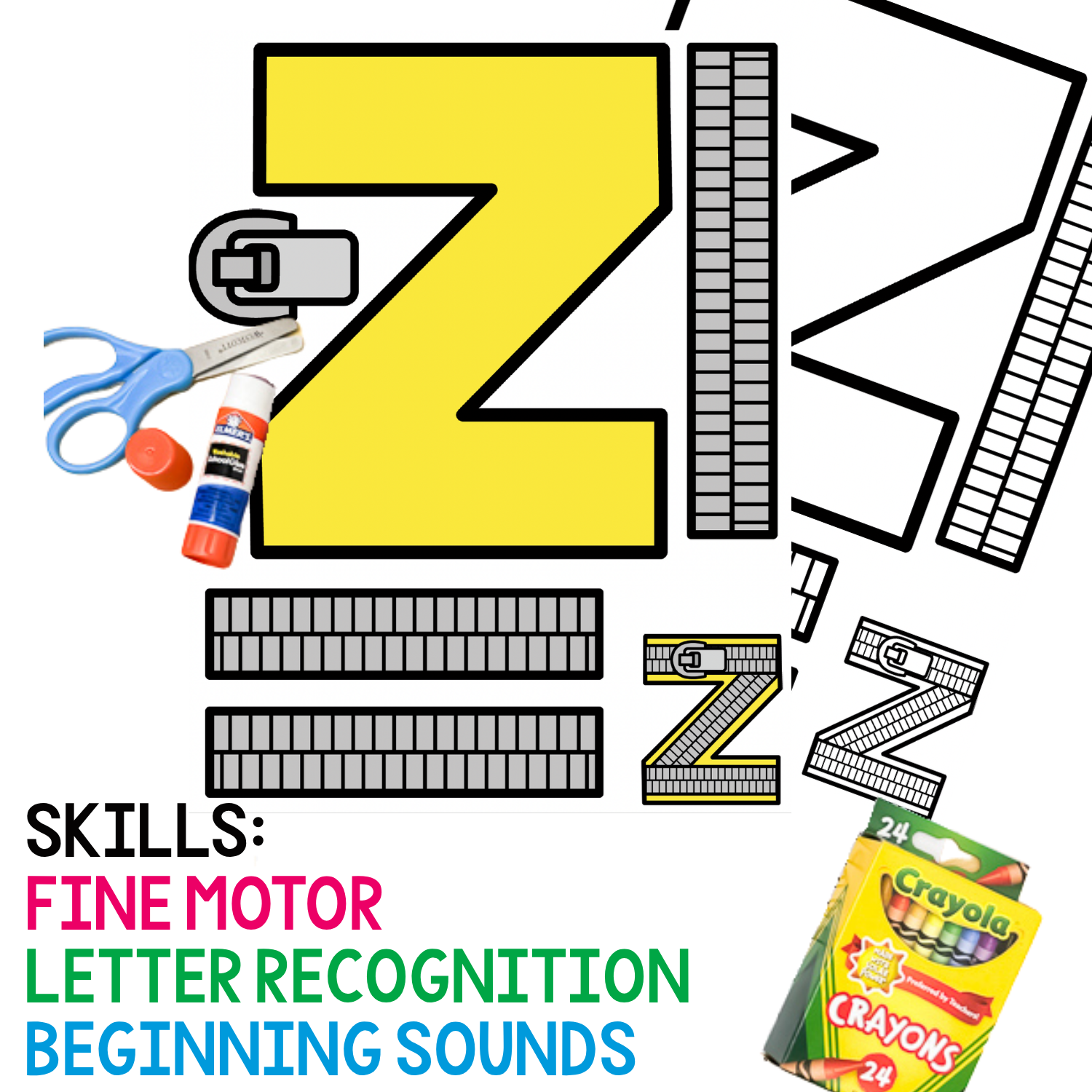 Lowercase letter z zipper craft for preschool and kindergarten with scissors, glue, and crayons for fine motor skills, cutting practice, letter recognition, and beginning sounds.
