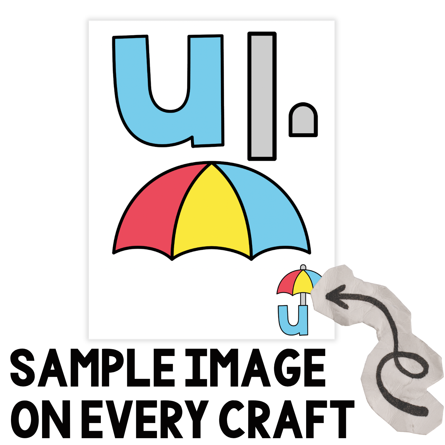 Preschool lowercase letter u umbrella craft with colorful cut-and-paste pieces for hands-on alphabet learning, fine motor practice, scissor skills, letter recognition, and beginning sounds.