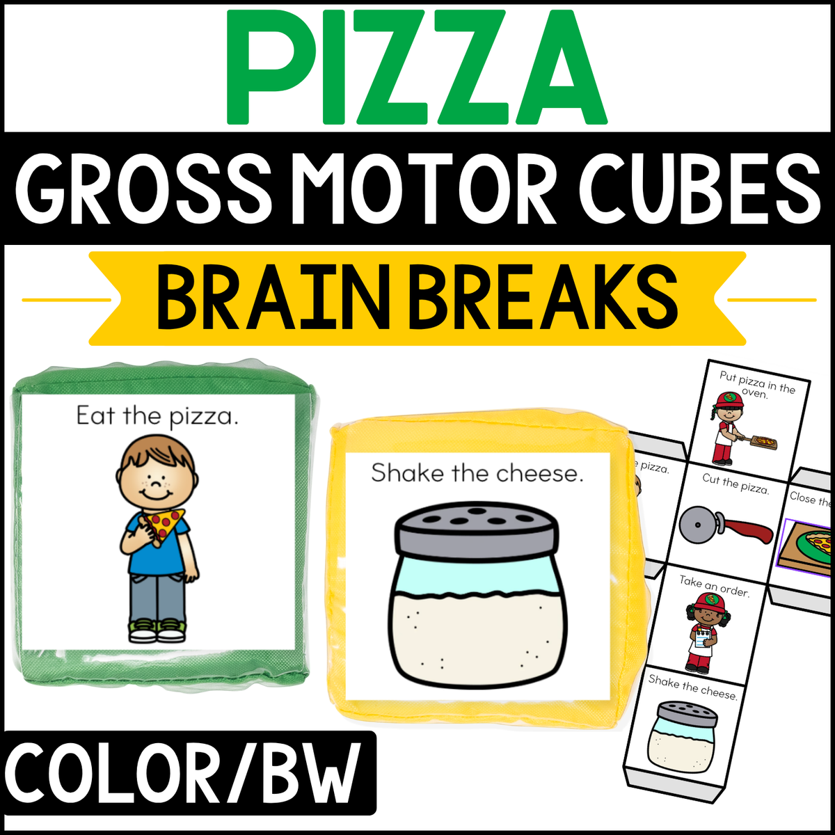 Pizza-themed gross motor brain break activity featuring colorful movement cubes with “Eat the pizza” and “Shake the cheese” action prompts, plus a printable pizza gross motor cube with six pretend-play movements. This sensory-friendly classroom brain break includes color and black-and-white options for preschool, kindergarten, special education, and gross motor movement activities.
