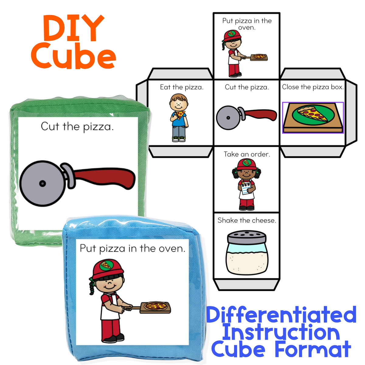 Pizza gross motor activity shown in a differentiated DIY cube format with six interactive brain break prompts: eat the pizza, cut the pizza, close the pizza box, put pizza in the oven, take an order, and shake the cheese. Photos show the printable movement cards inserted into soft activity cubes for hands-on sensory play, classroom movement breaks, and preschool or kindergarten gross motor practice.