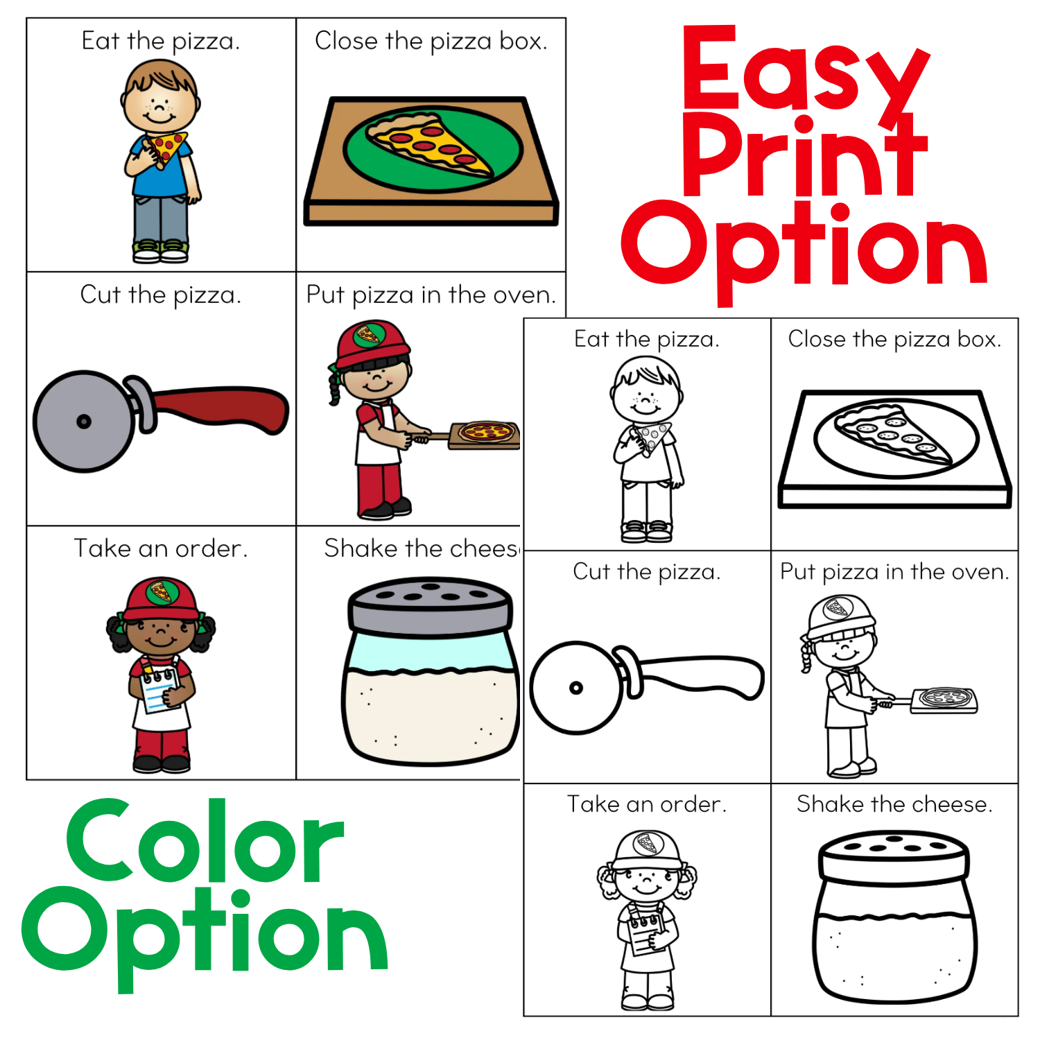 Easy-print pizza brain break cards featuring six gross motor and pretend-play movements: eat the pizza, close the pizza box, cut the pizza, put pizza in the oven, take an order, and shake the cheese. Color and black-and-white printable options provide flexible gross motor activities for movement breaks, sensory play, classroom transitions, preschool, kindergarten, and special education.