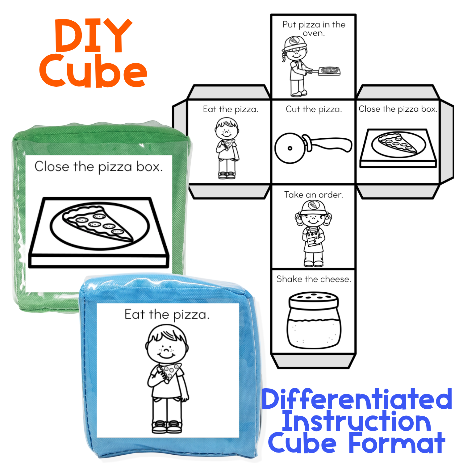 Black-and-white pizza gross motor brain break cube featuring a DIY printable template with six movement prompts, including close the pizza box, eat the pizza, cut the pizza, put pizza in the oven, take an order, and shake the cheese. The differentiated cube format provides an interactive sensory and gross motor activity for preschool and kindergarten movement breaks, therapy, and special education.