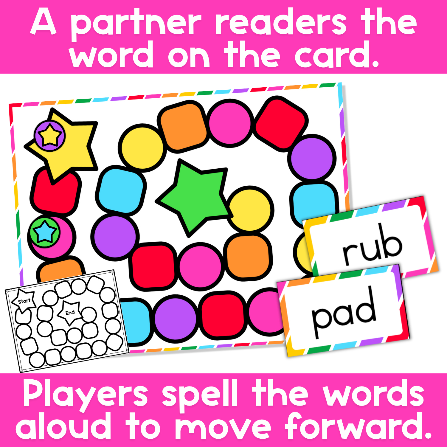 CVC Word Families Board Game Rainbow Themed