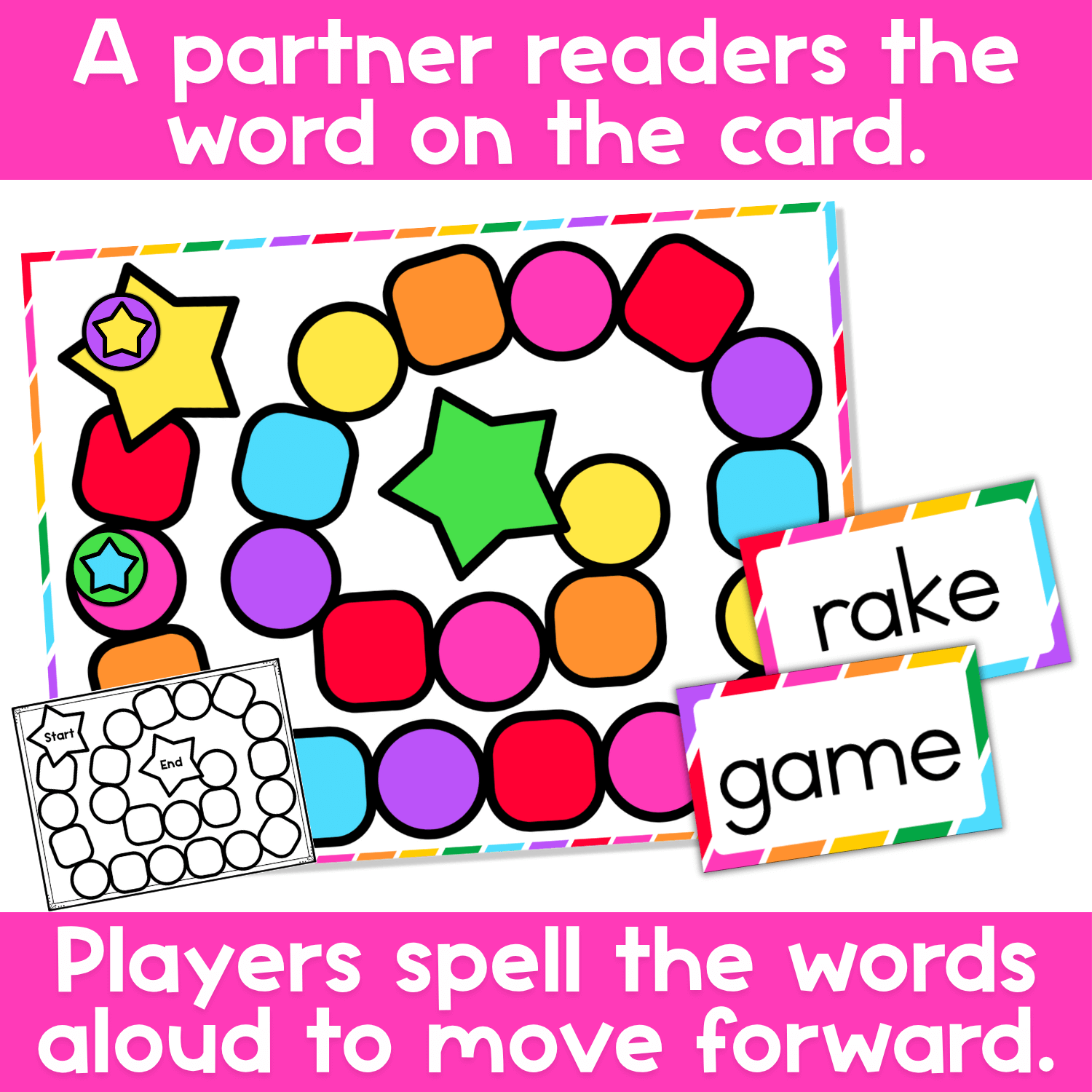 CVCe Words Board Game Rainbow Theme