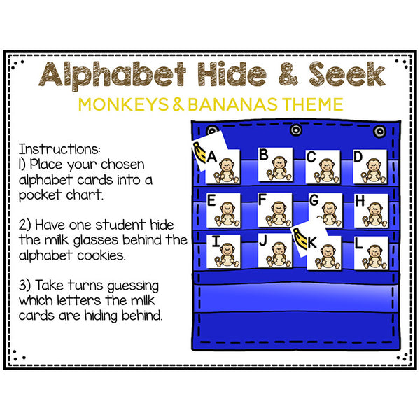 Alphabet Hide & Seek Pocket Chart Cards | Monkey & Banana Theme