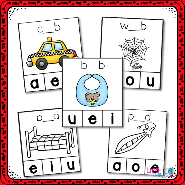 CVC Clip Cards for your kindergarteners! Practice CVC words with 3 differentiated levels of clip cards. Black & White version included for easy printing. #literacycenter #kindergarten #cvcwords