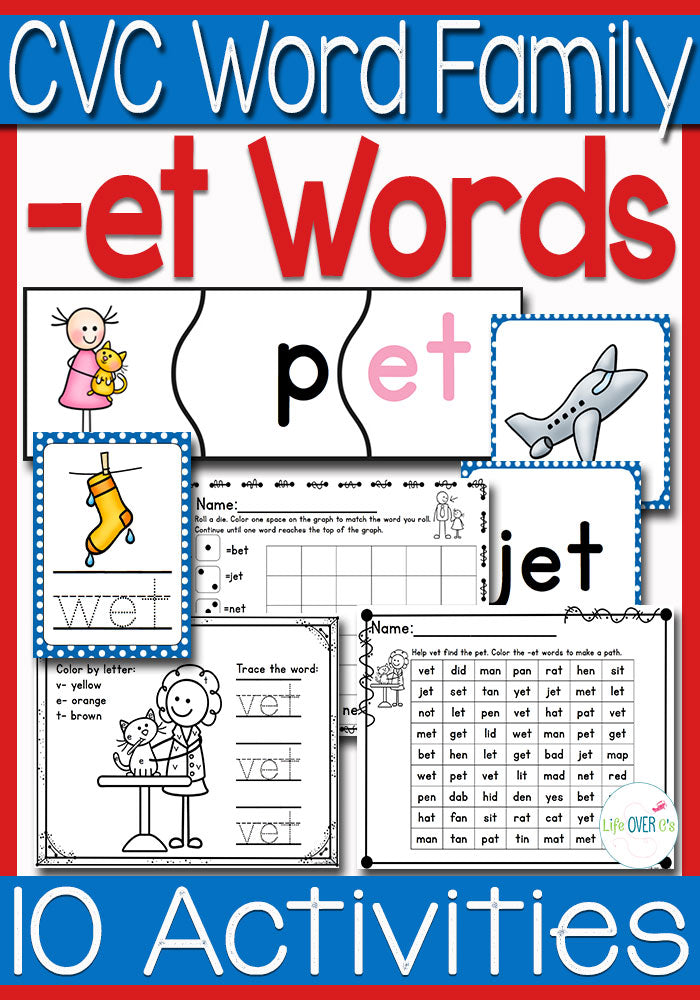 There are so many et word family activities included in this pack! Puzzles, memory, tracing cards, dice games and more! The perfect set for learning the et word family.