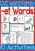 There are so many et word family activities included in this pack! Puzzles, memory, tracing cards, dice games and more! The perfect set for learning the et word family.