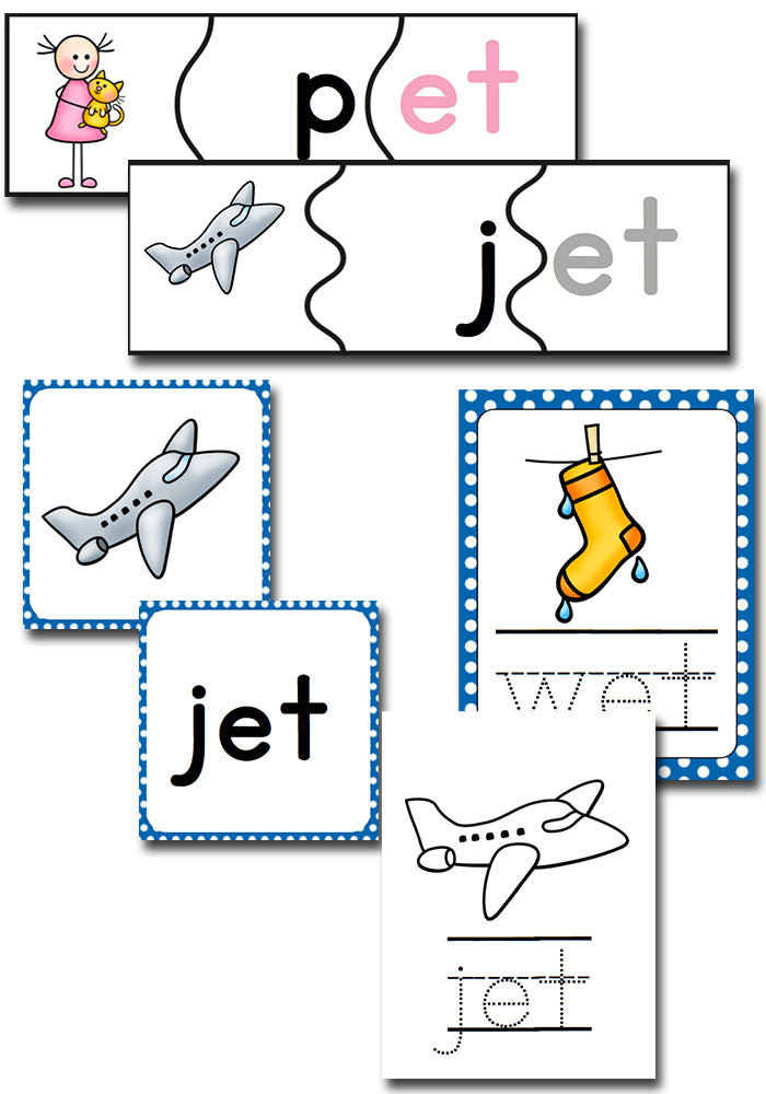 There are so many et word family activities included in this pack! Puzzles, memory, tracing cards, dice games and more! The perfect set for learning the et word family.