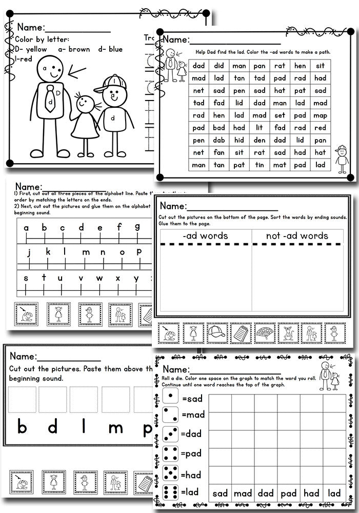 10 activities for learning the ad word family! Puzzles, dice, mini-books, tracing, coloring and more!