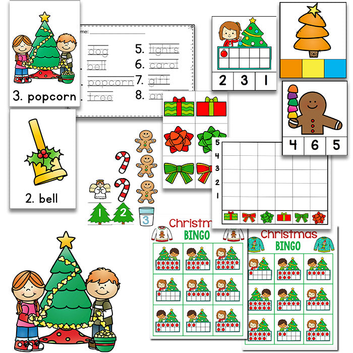 This Christmas Pre-K printable math and literacy bundle has over 37 hands-on centers for pre-k and kindergarten. Kids will love counting, using tracing cards, playing games and more!